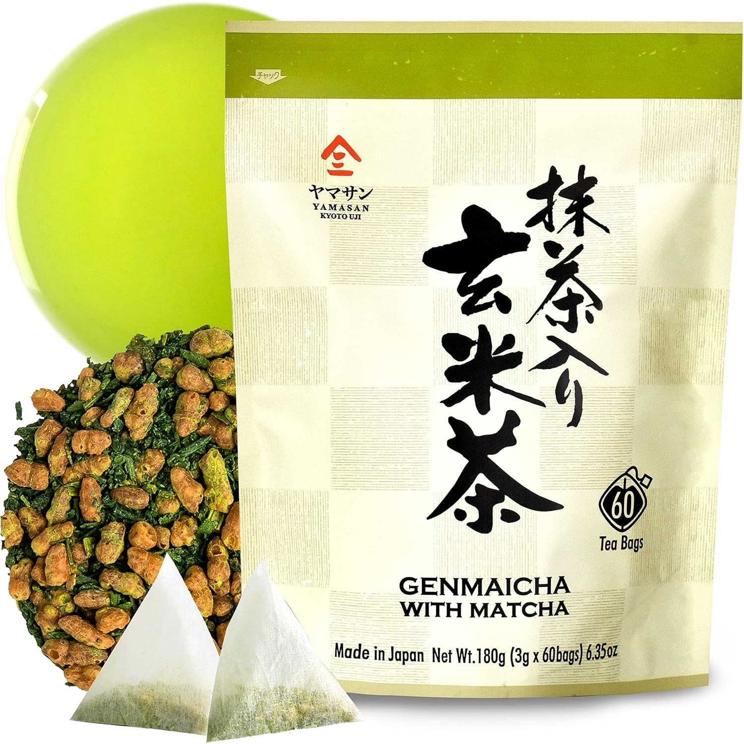 YAMASAN KYOTO UJI Genmaicha Green Tea with Matcha, roasted brown rice tea, Low c