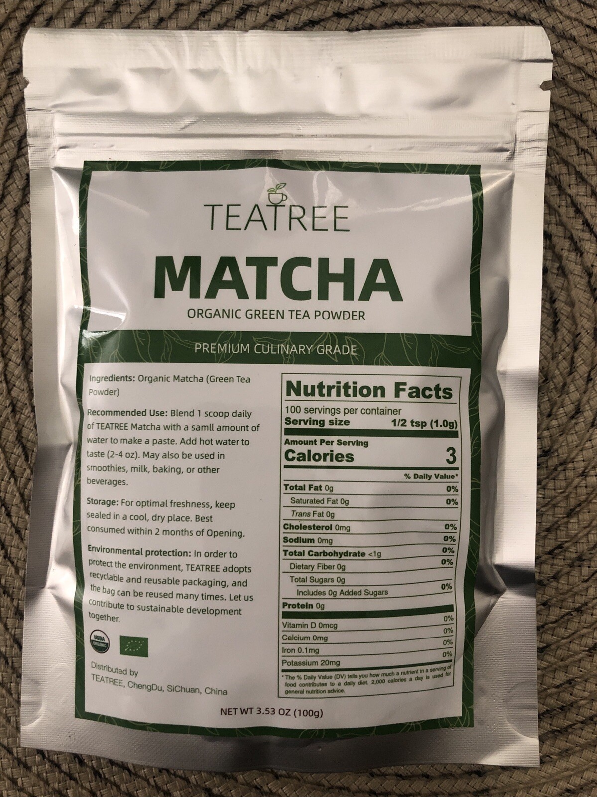 Teatree/Matcha/Organic Green Tea Powder / Premium Culinary Grade/ 3.53 Oz (100g)