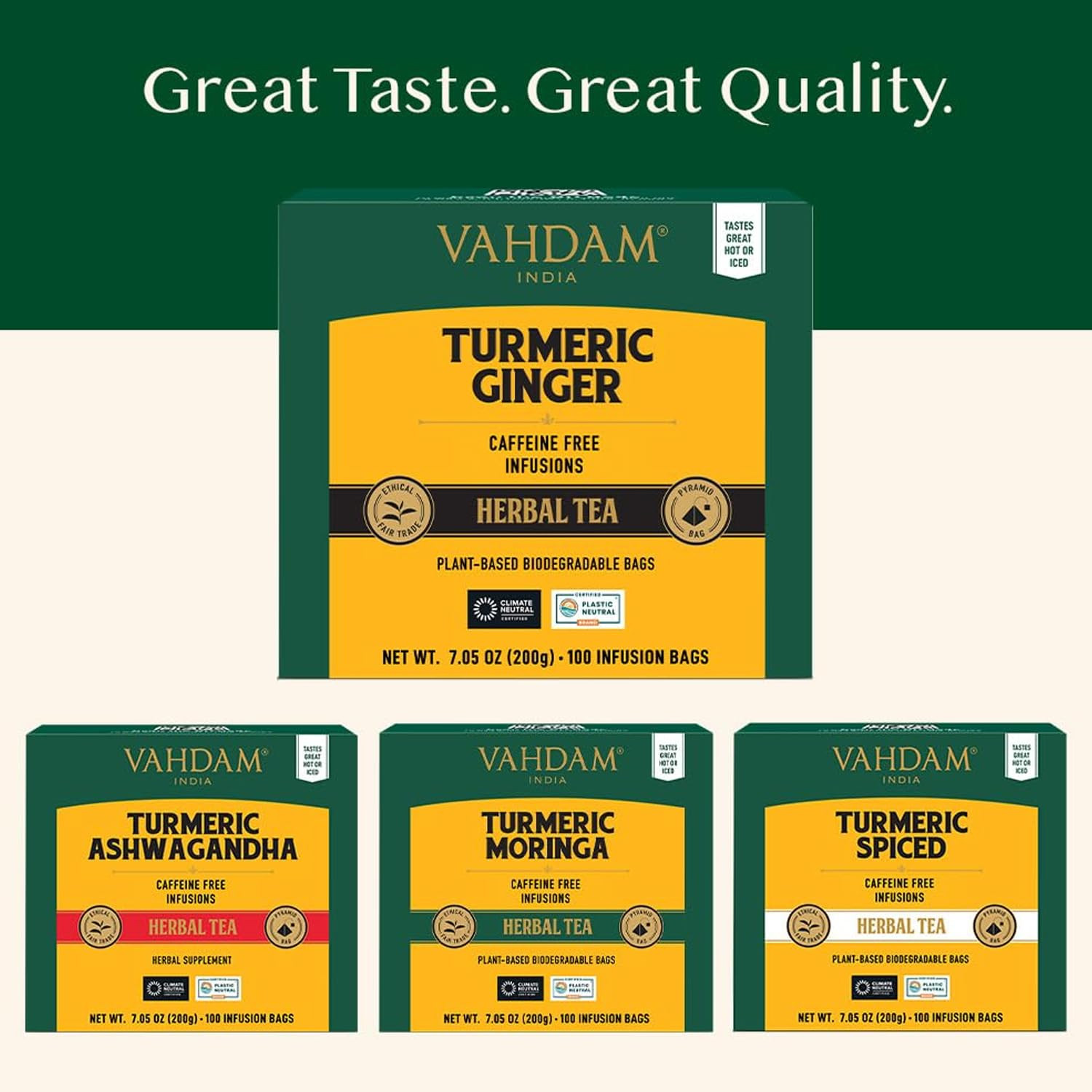 VAHDAM Organic Turmeric Ginger Herbal Tea Bags (100 Pyramid Tea Bags) Caffeine F