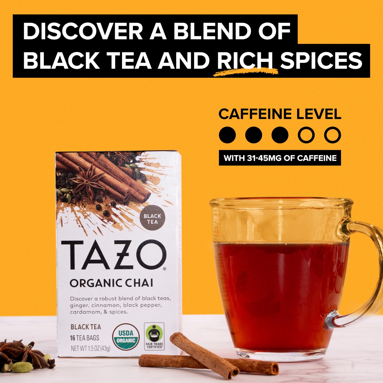 Organic Chai Black Tea Bags with Ginger, Cinnamon & Cardamom – 96 Count