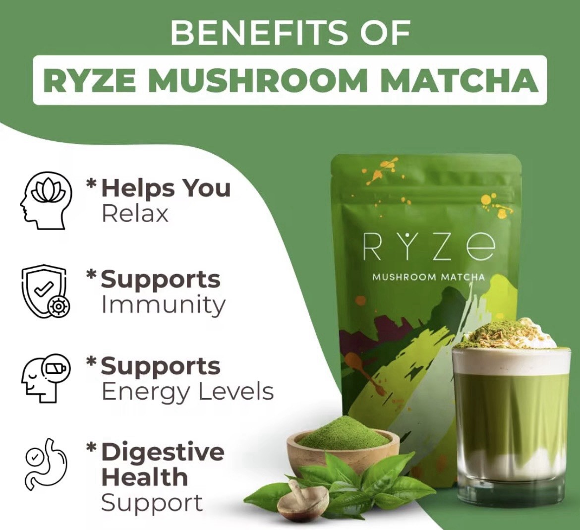 RŸZE Mushroom Matcha Green Tea with 6 Adaptogenic Mushrooms Exp 5/27-1/28