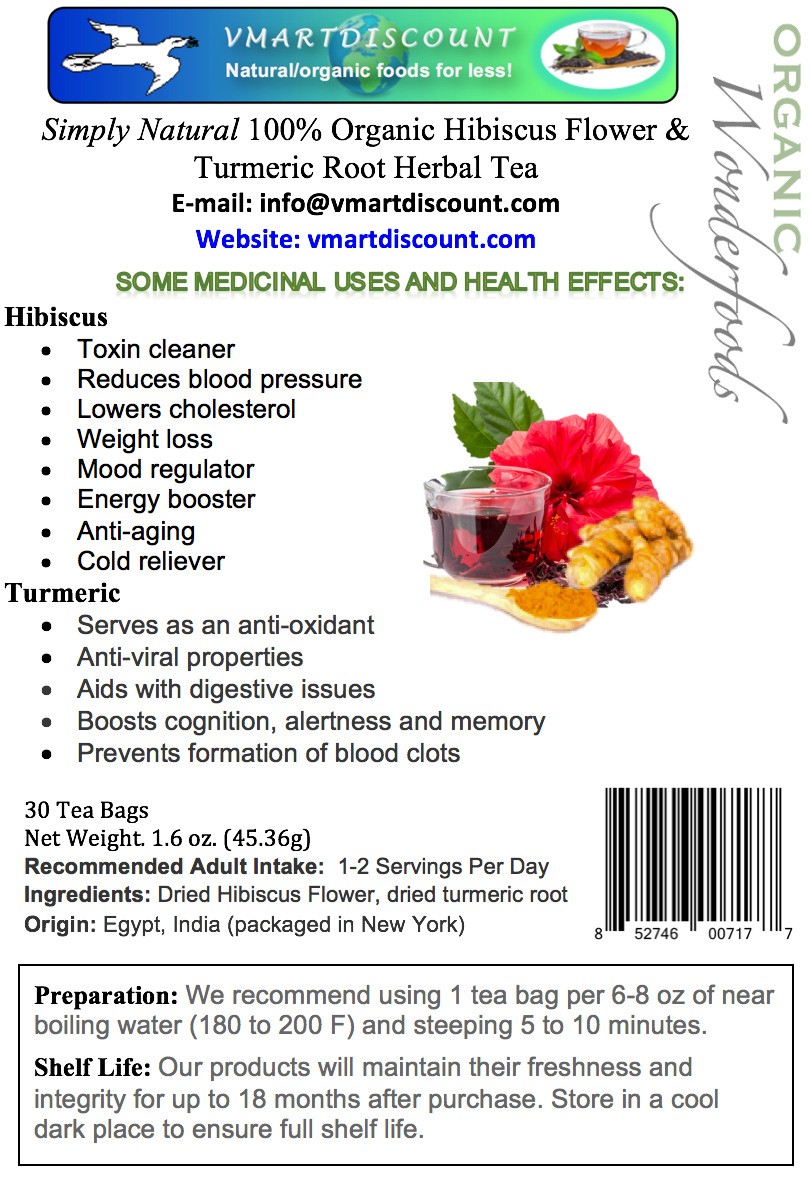 Hibiscus Flower Turmeric Root Herbal Tea 30Tea Bags, All Natural, Caffeine-Free
