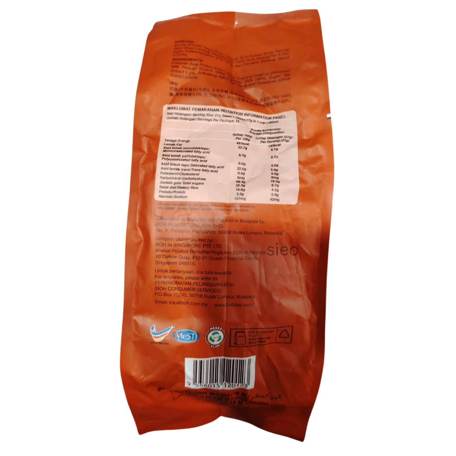 BOH Teh Tarik Original Less Sweet Instant Tea Mix 12 Stick 324g Halal Malaysia