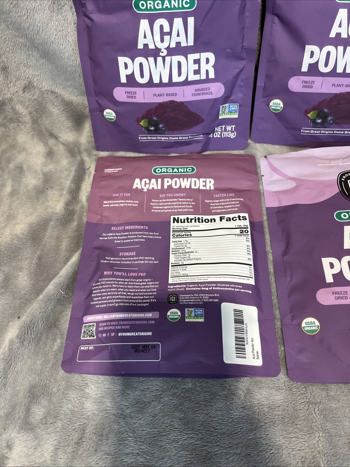 4 bags From Great Origins Organic Acai powder 4.oz each From Brazil 11/27