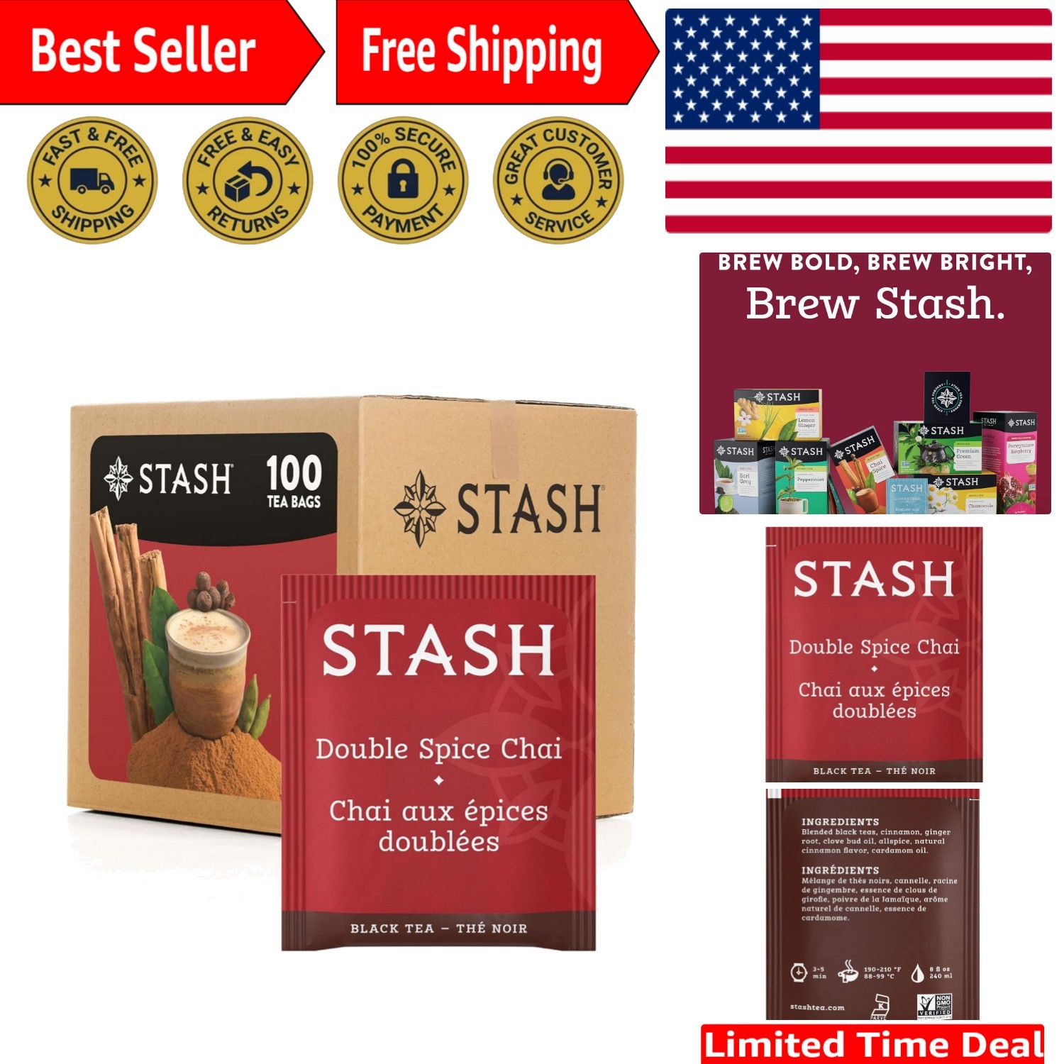 Double Spice Chai Black Tea – 100 Allergen-Free Bags for Instant Energy