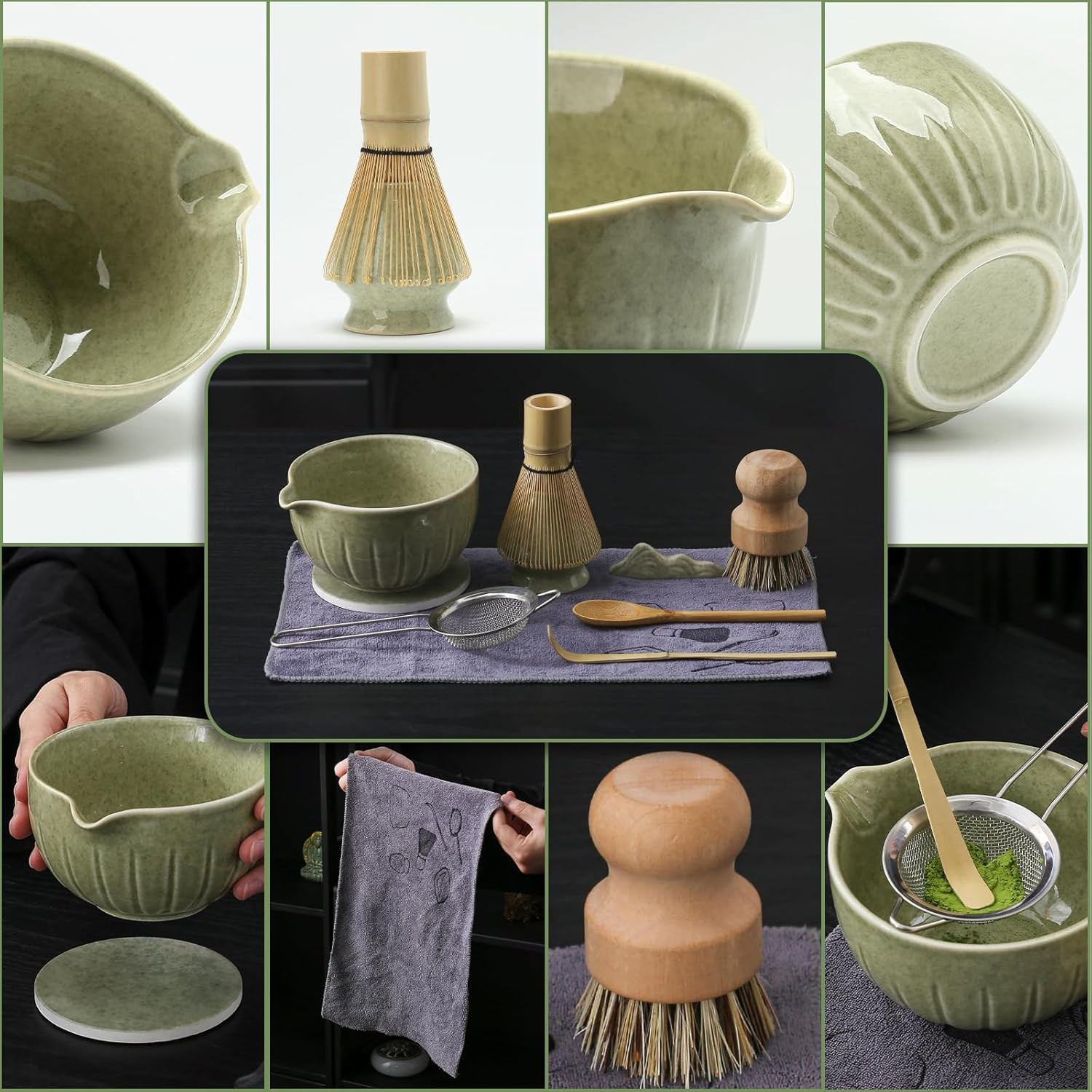 10Pcs Matcha Whisk Set, 15 OZ Matcha Bowl, Matcha Whisk and Stand, Scoop, Sifter