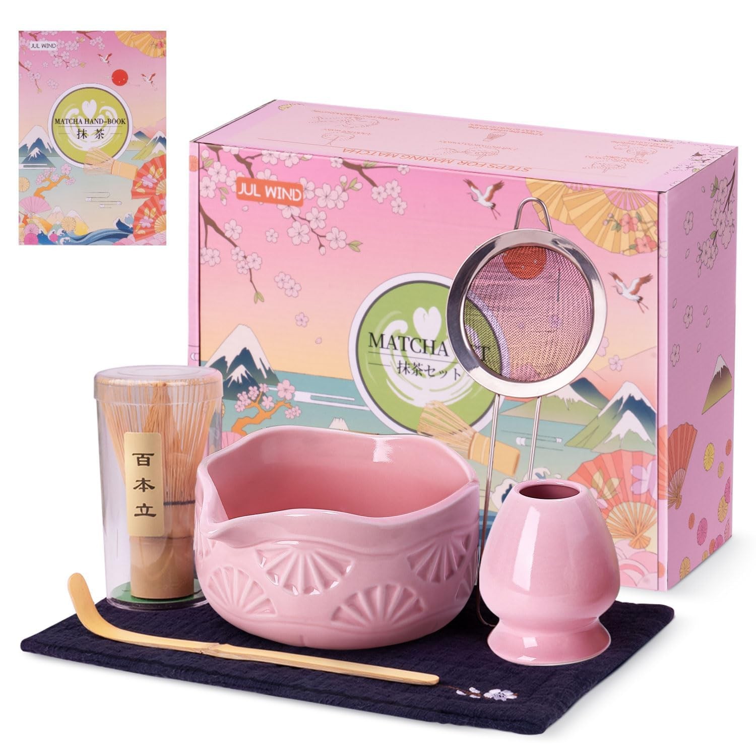 Matcha Whisk Set Bowl with Spout Ceramic Tea Kit 6 Pc for Beginners Pink