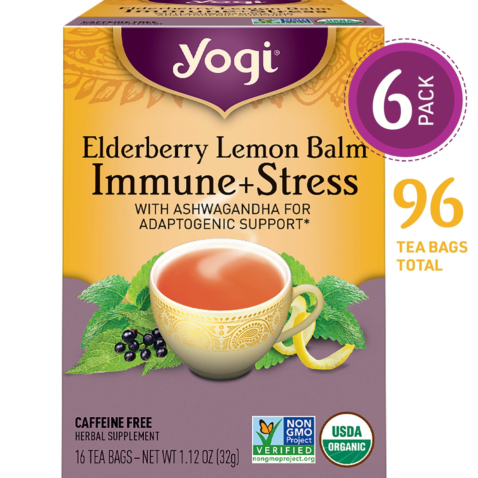 Yogi Tea – Elderberry Lemon Balm Immune and Stress Support – 6 Pack, 96 Tea Bags