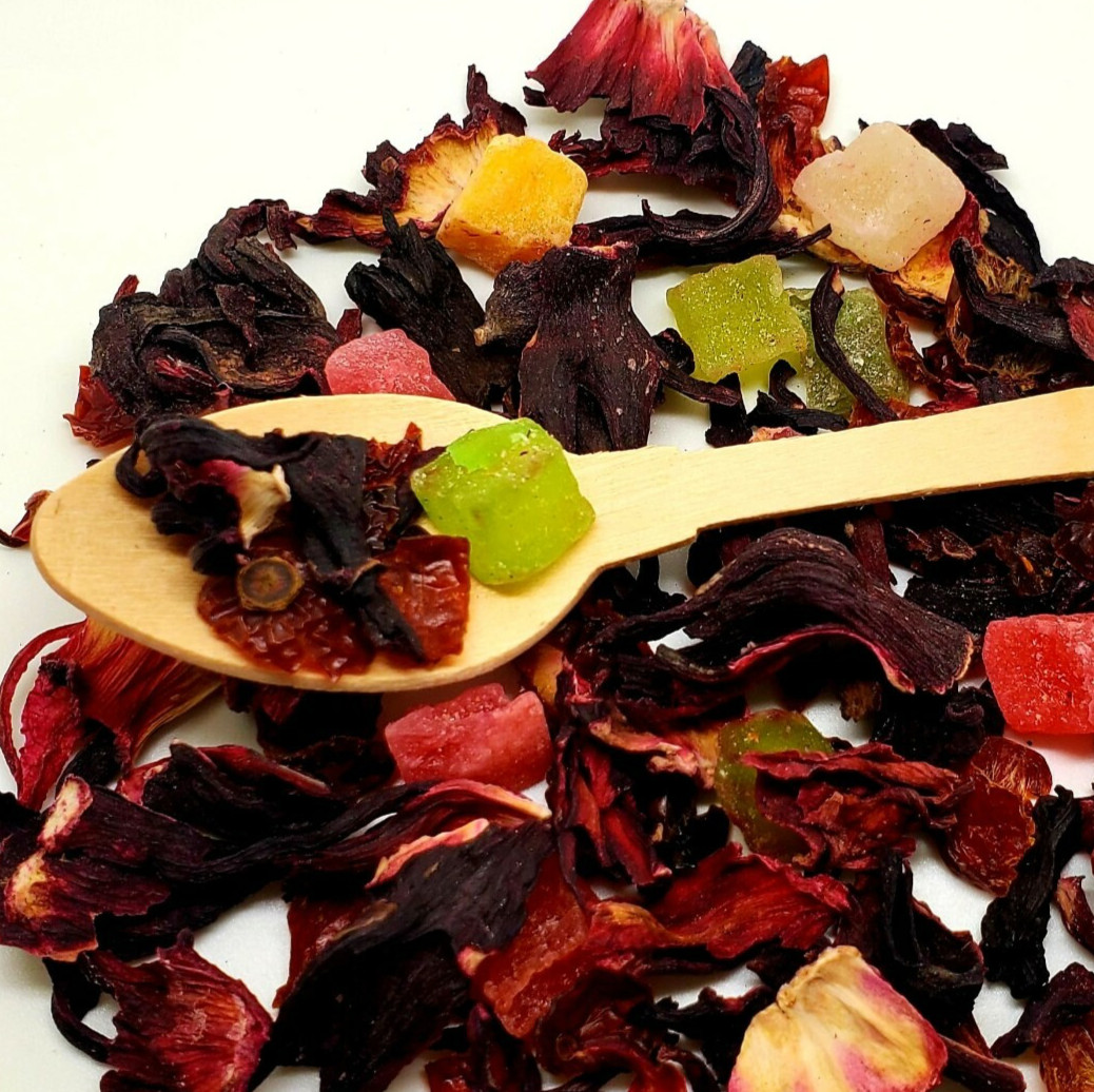 Tasty Hibiscus Fruit Tea, Rosehip, Dried Fruits (Free Wooden Spoon & 5 Tea Bags)
