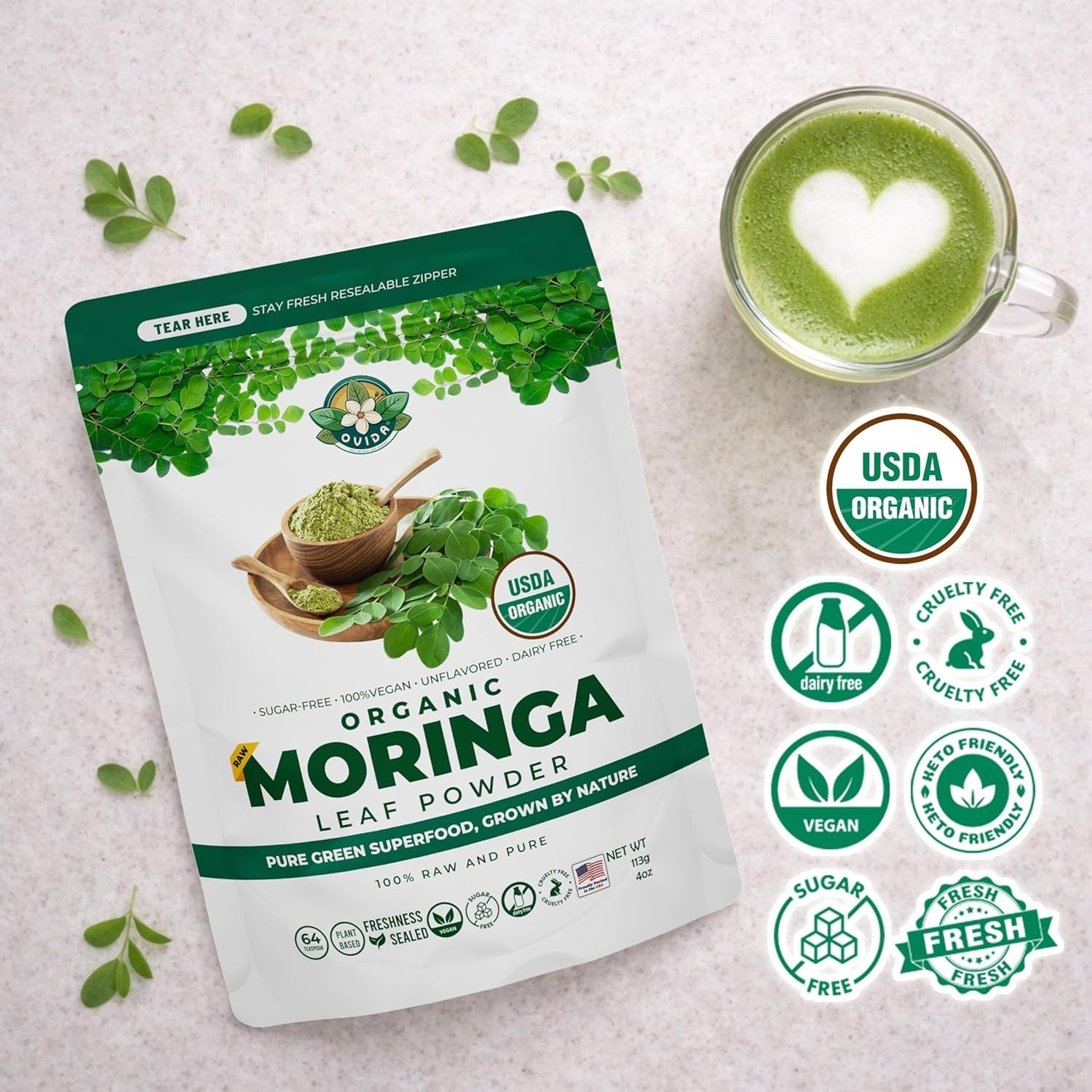 Organic Moringa Leaf Powder, Caffeine Free Powder, Smoothie & Tea Blend 4 oz