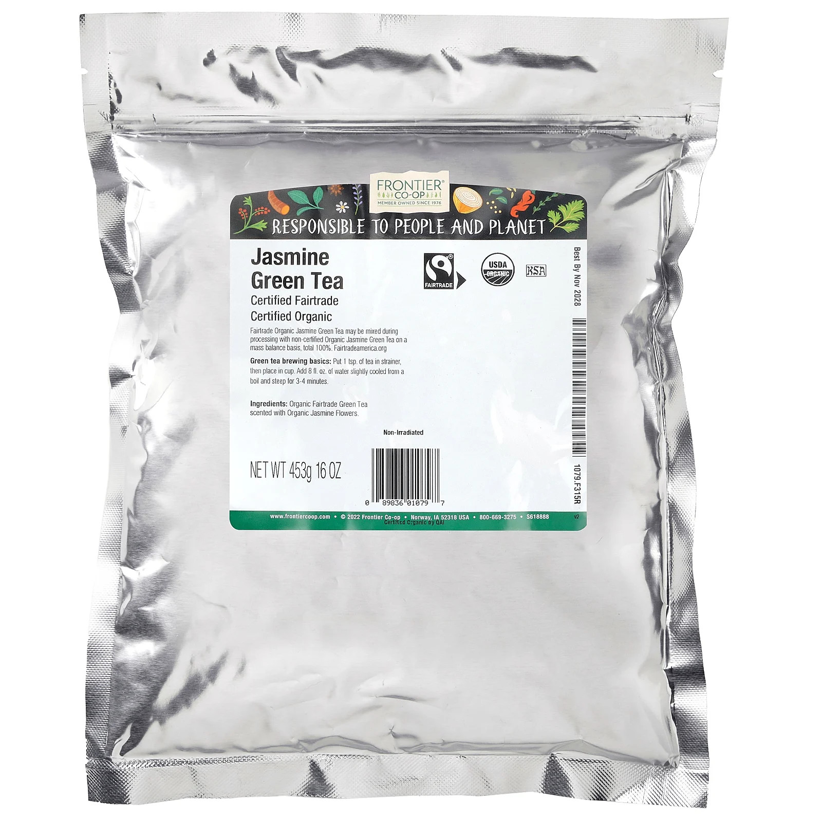 Frontier Natural Products Organic Jasmine Tea 16 oz 453 g Fair Trade, Kosher,