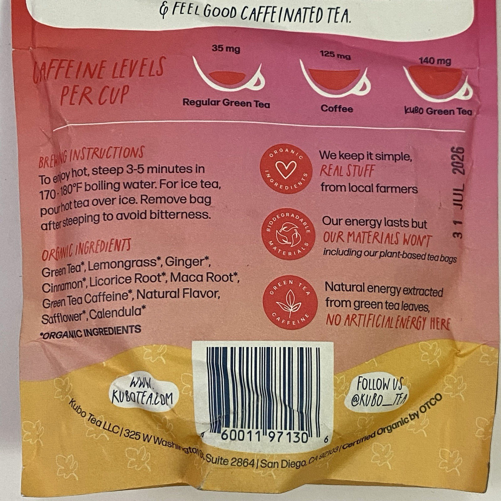 Kubo Tea Maca Passion Fruit Organic High Energy Tea – 1 Pack 20 Pillow Tea Bags