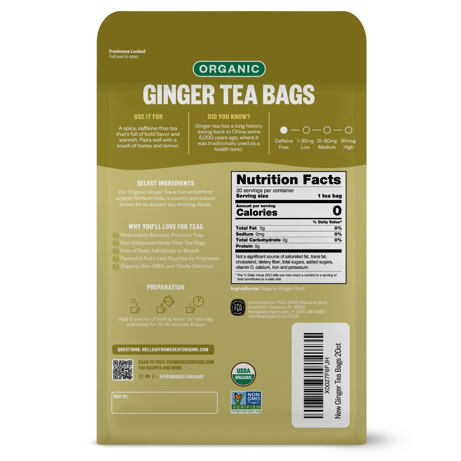 Organic Ginger Tea Bags – 100 Count, Eco-Friendly, Resealable Packaging, Herbal