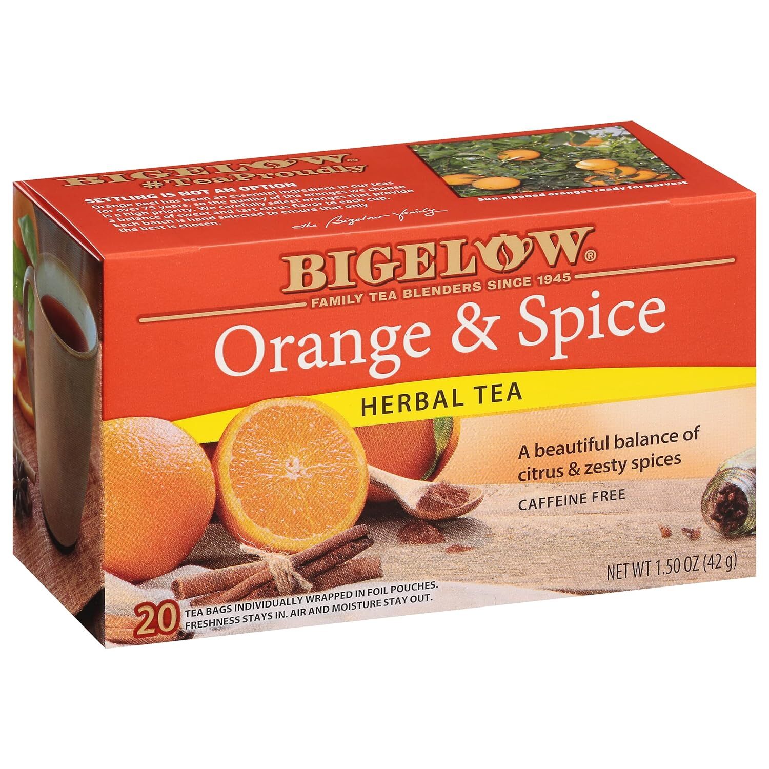 Bigelow Orange & Spice Herbal Tea Bags, 20 Count Box (Pack of 6) Caffeine Free