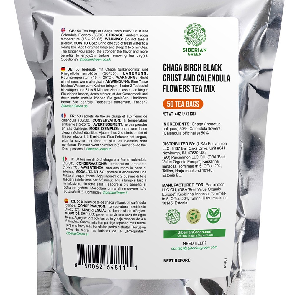 Chaga and Calendula Herbal Tea Caffeine Free Mushroom and Flower Tea 50 Bags