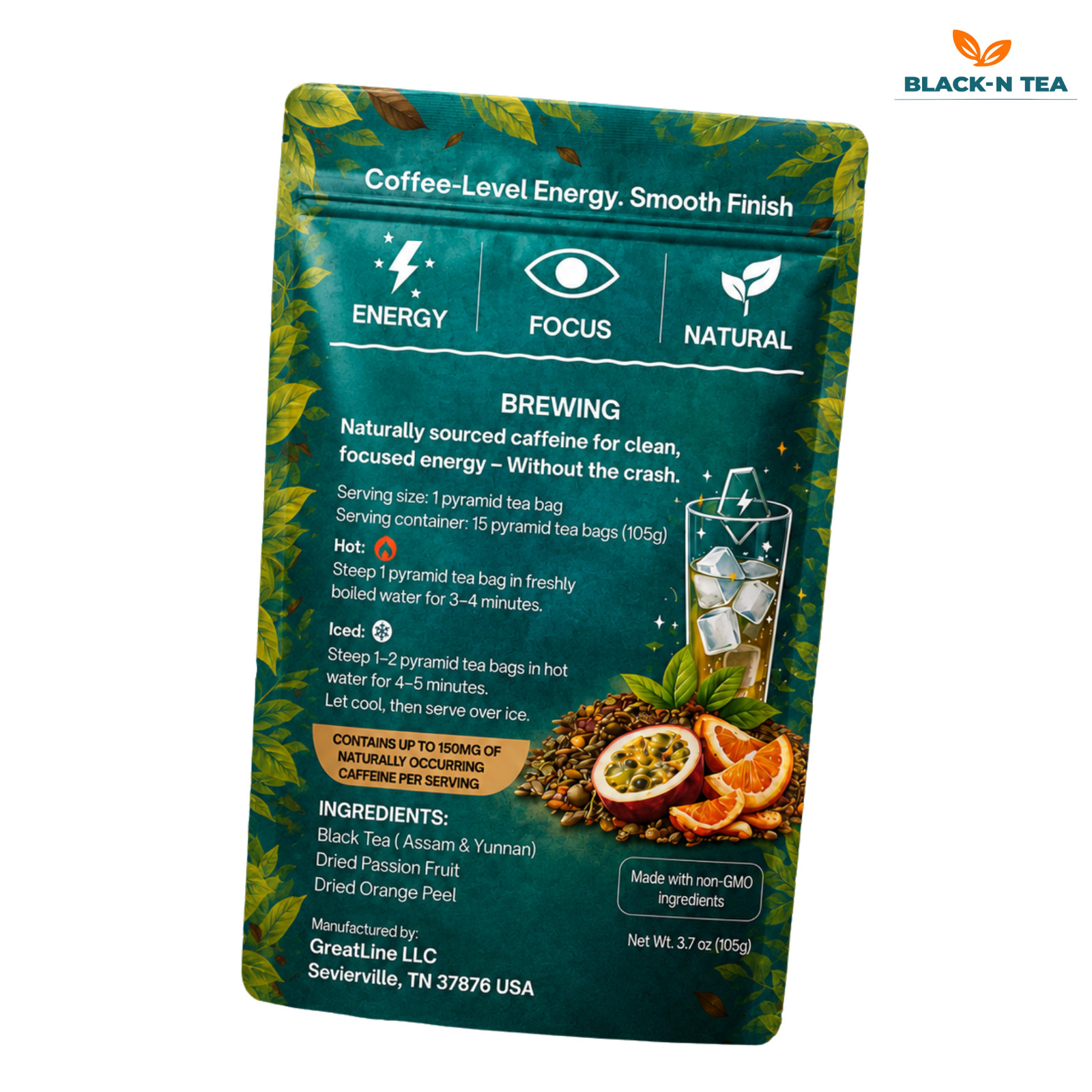 High Caffeine Premium Black Tea | 15 Pyramid Tea Bags | 150mg Caffeine | Energy