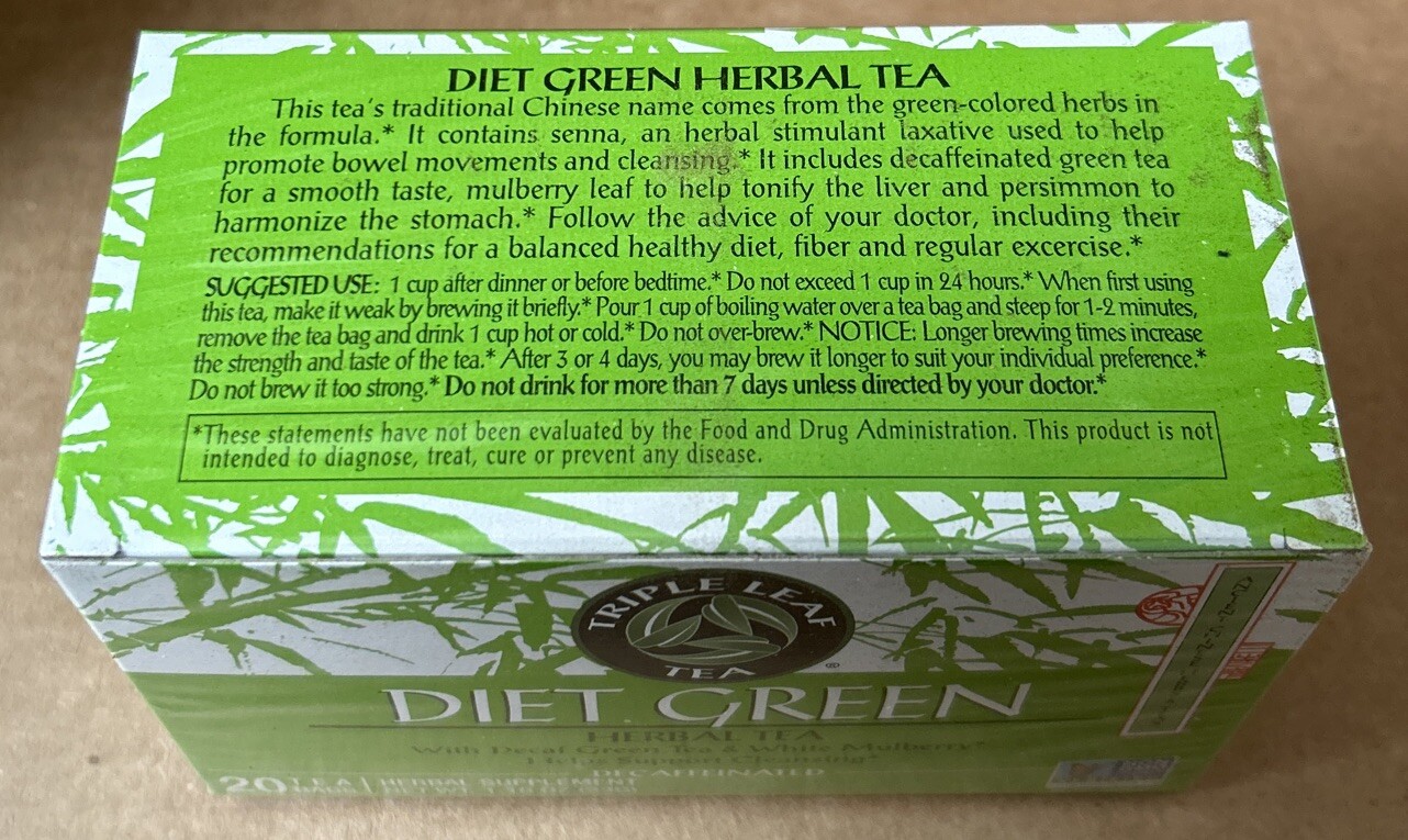 6x Triple Leaf Tea Diet Green Herbal Tea. Decaffeinated. Best By 05/2026