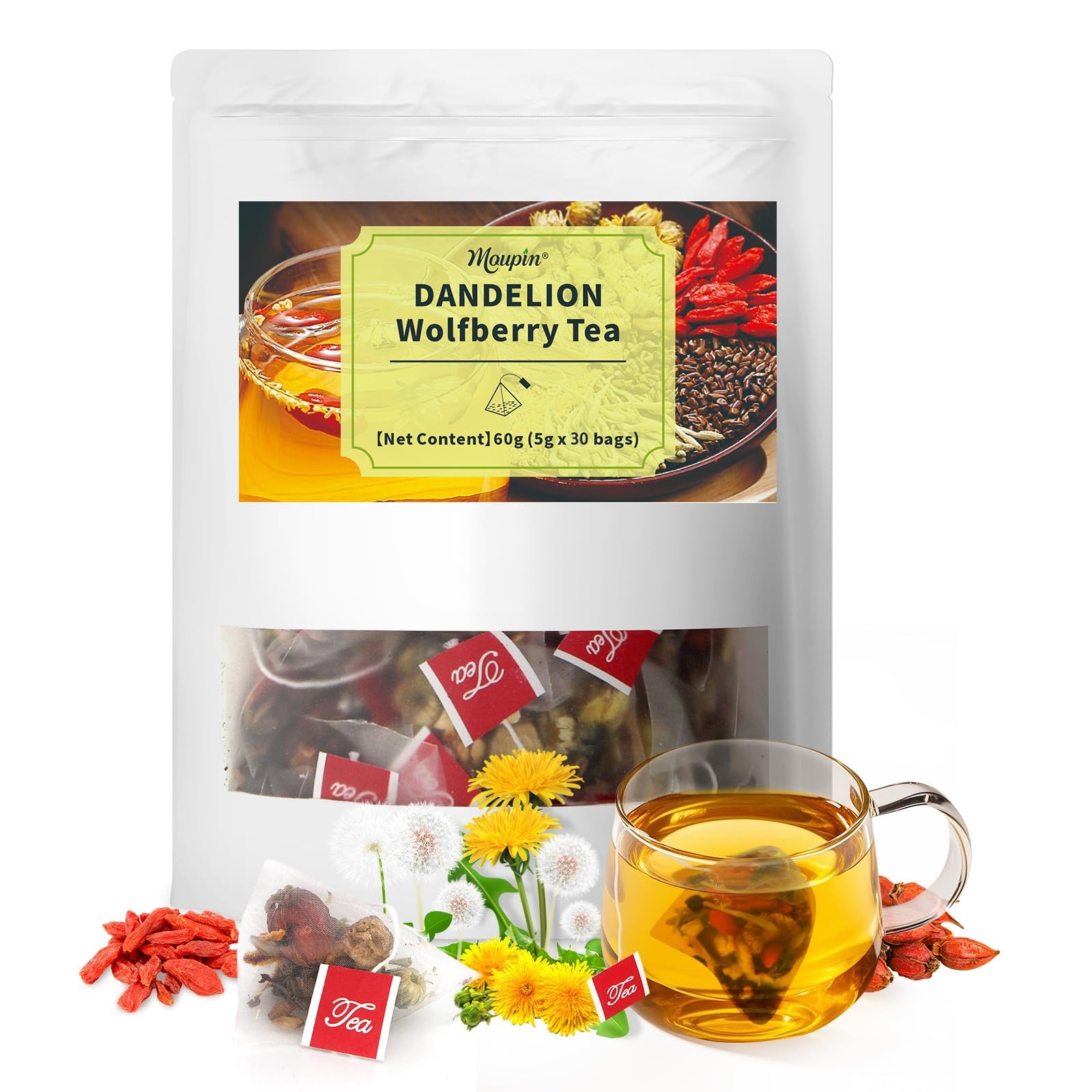30Pcs Dandelion Wolfberry Tea-10 Herbal Ingredients Blend, 5g/Bag,Kidney Live…