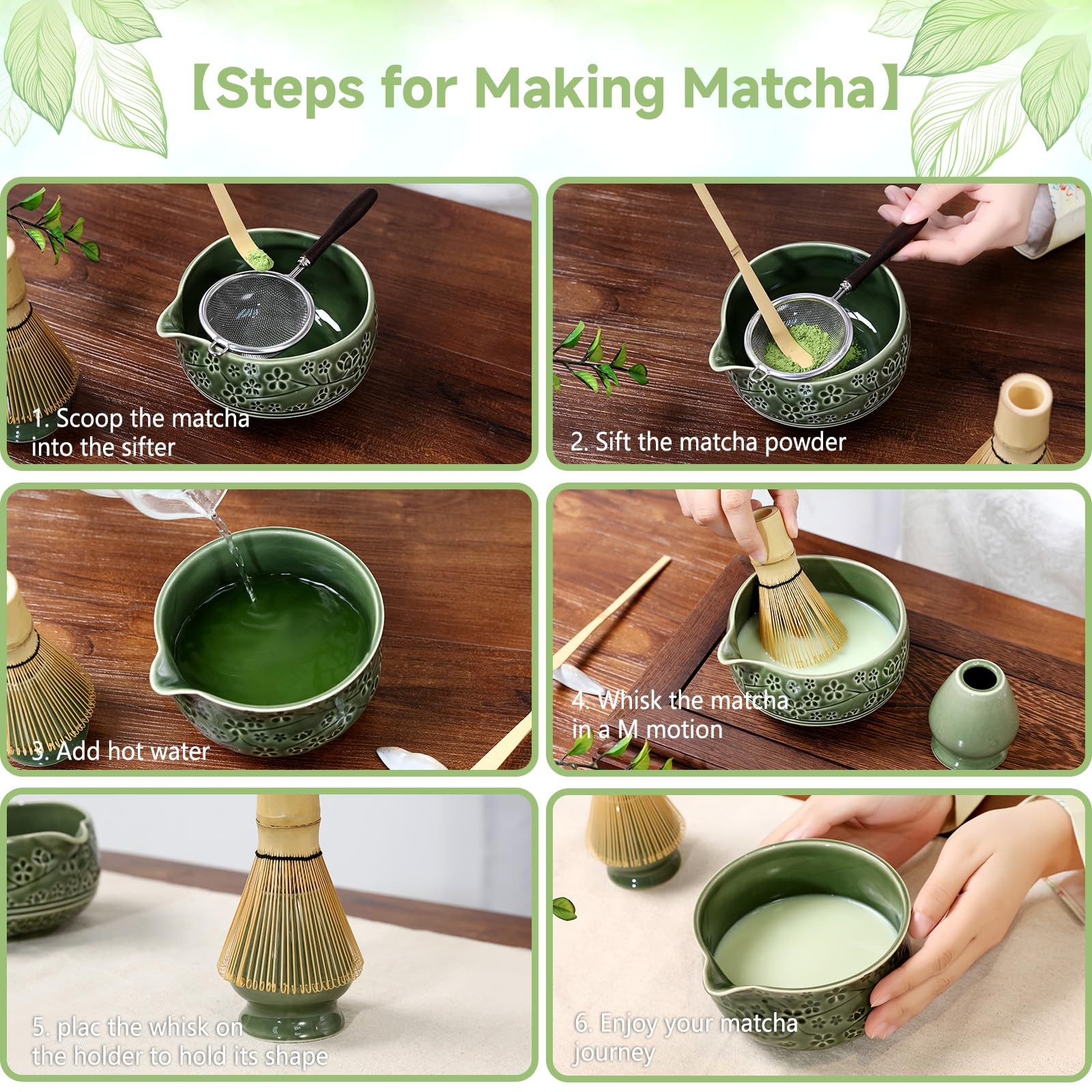 7 Pcs Matcha Whisk Set, Ceremony Matcha Kit with Matcha Bowl, Bamboo Whisk an…