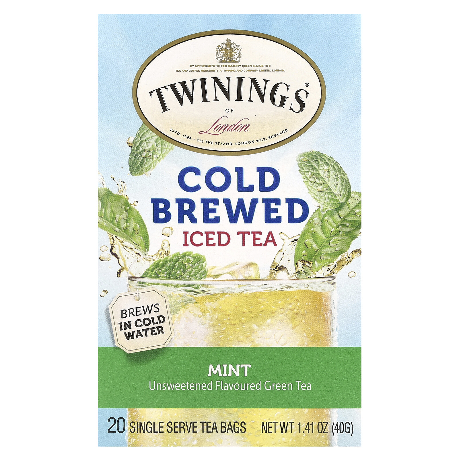 Cold Brewed Iced Tea, Green Tea, Unsweetened, Mint, 20 Single Serve Tea Bags,
