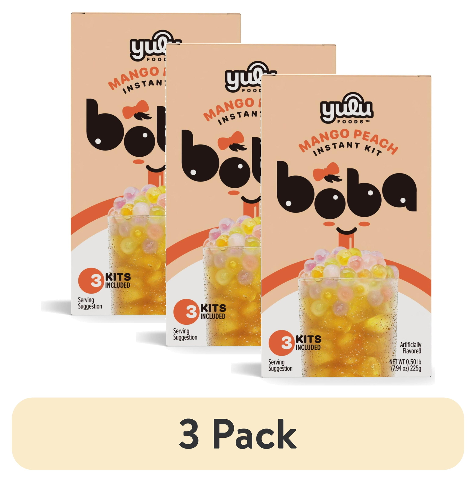 (3 pack) Yulu Instant Boba Mango Peach Tea, Bubble Tea Kit, 3 Drinks