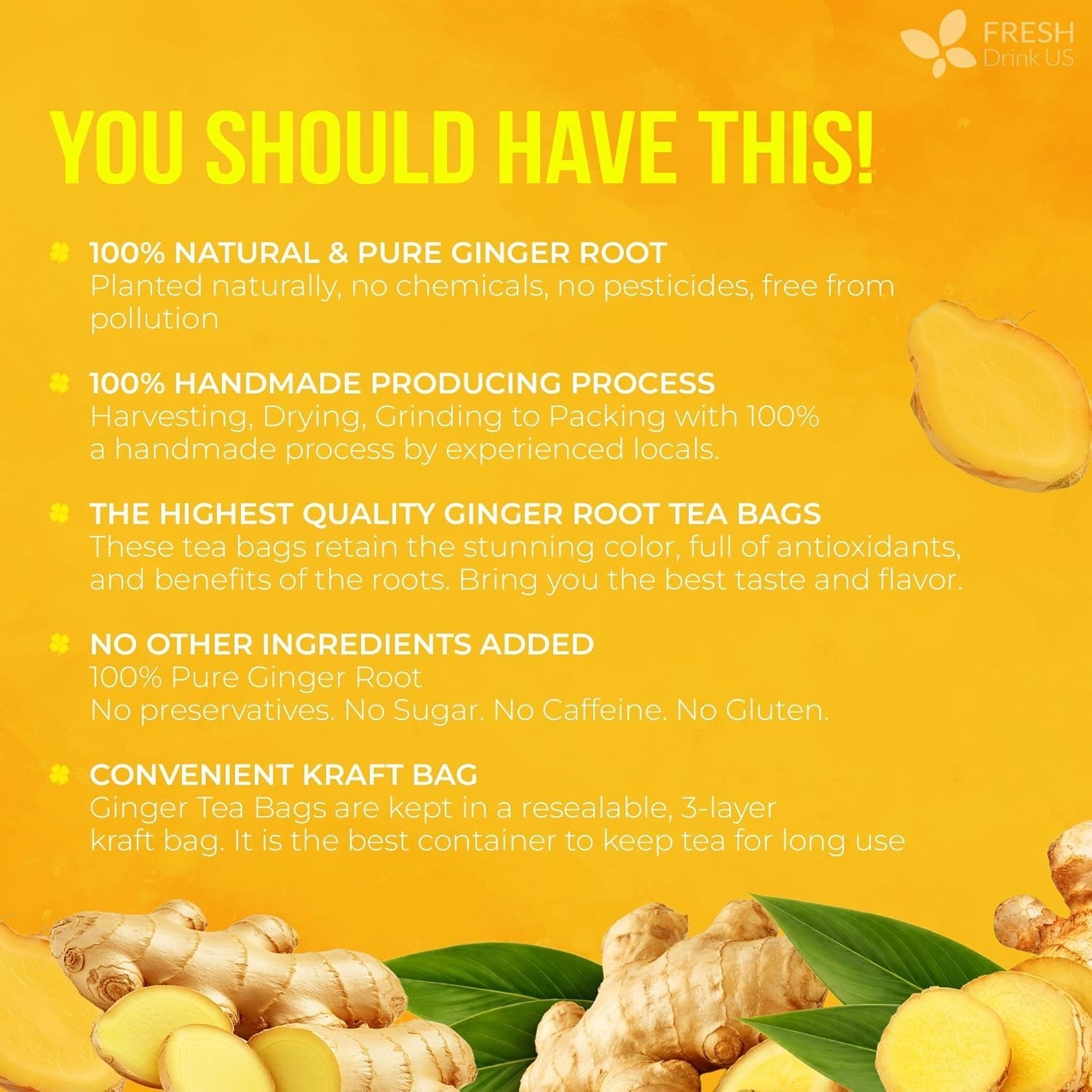 FreshDrinkUS, 150 Premium Ginger Tea Bags, Non GMO, 100% Natural Free Shipping