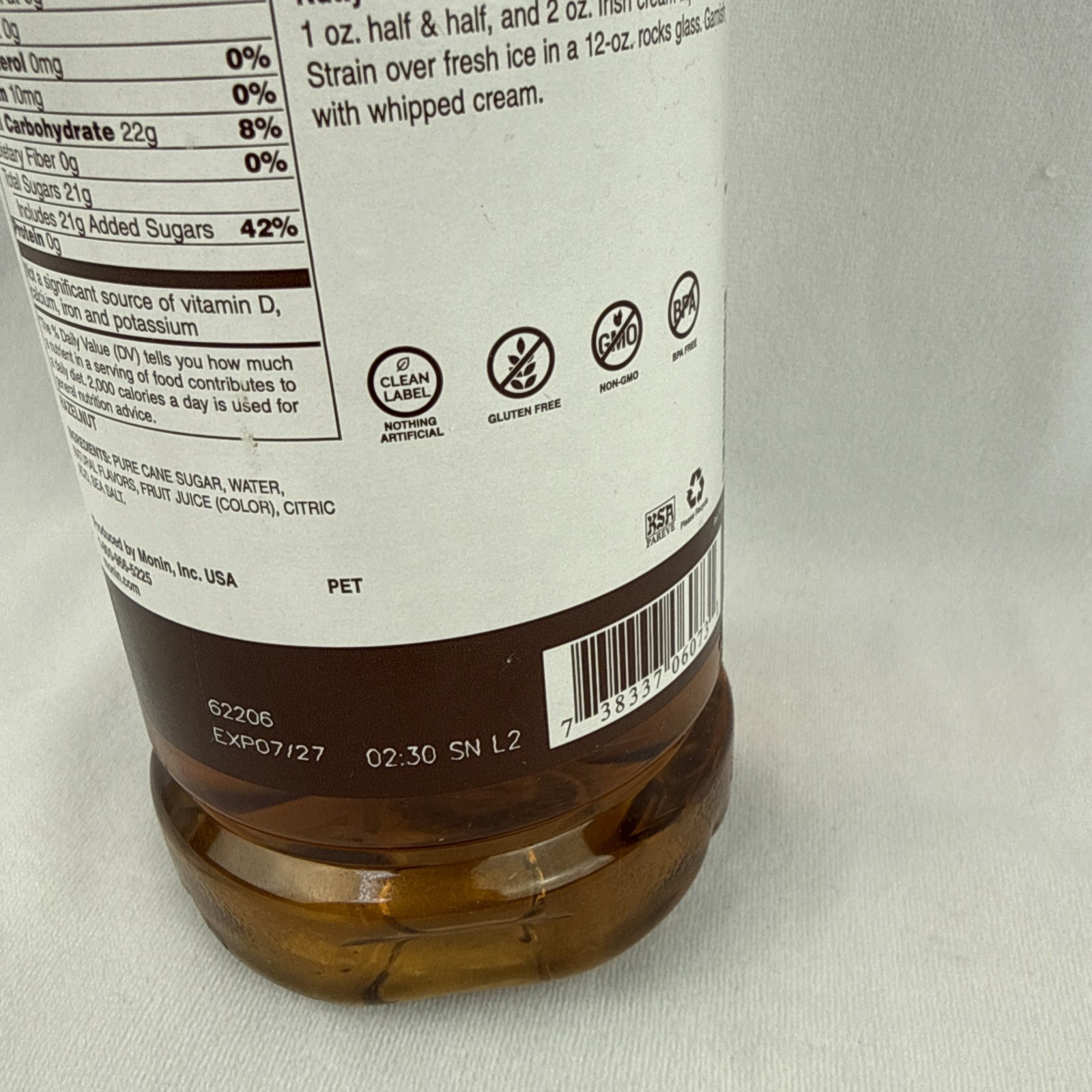 Monin Hazelnut Premium Sweetener Syrup 1L – Damaged Bottle