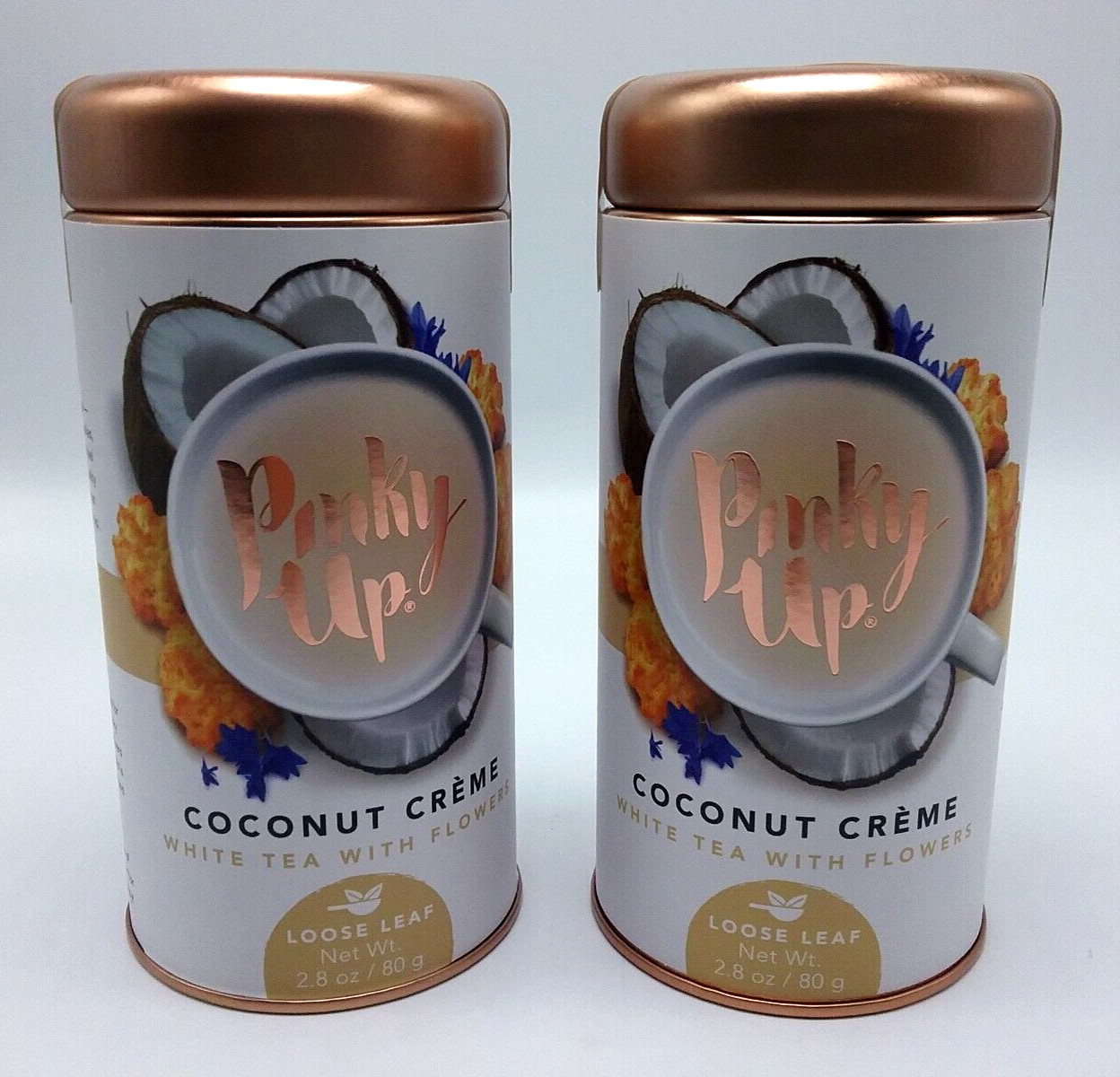 2 Tin Pinky Up Coconut Creme Loose Leaf White Tea w/Flowers 2.8 oz /80g Germany