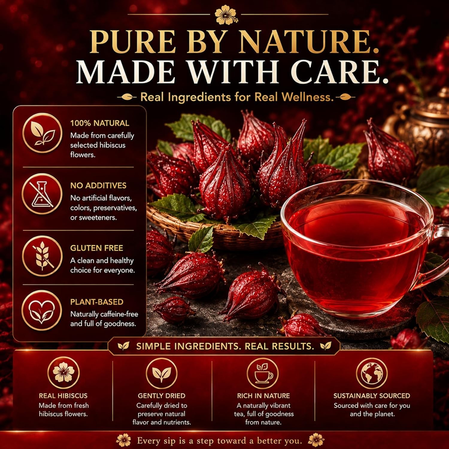 Premium 80 Hibiscus Flowers Tea Bags, 100% Natural, Handmade & Pure from Hibi