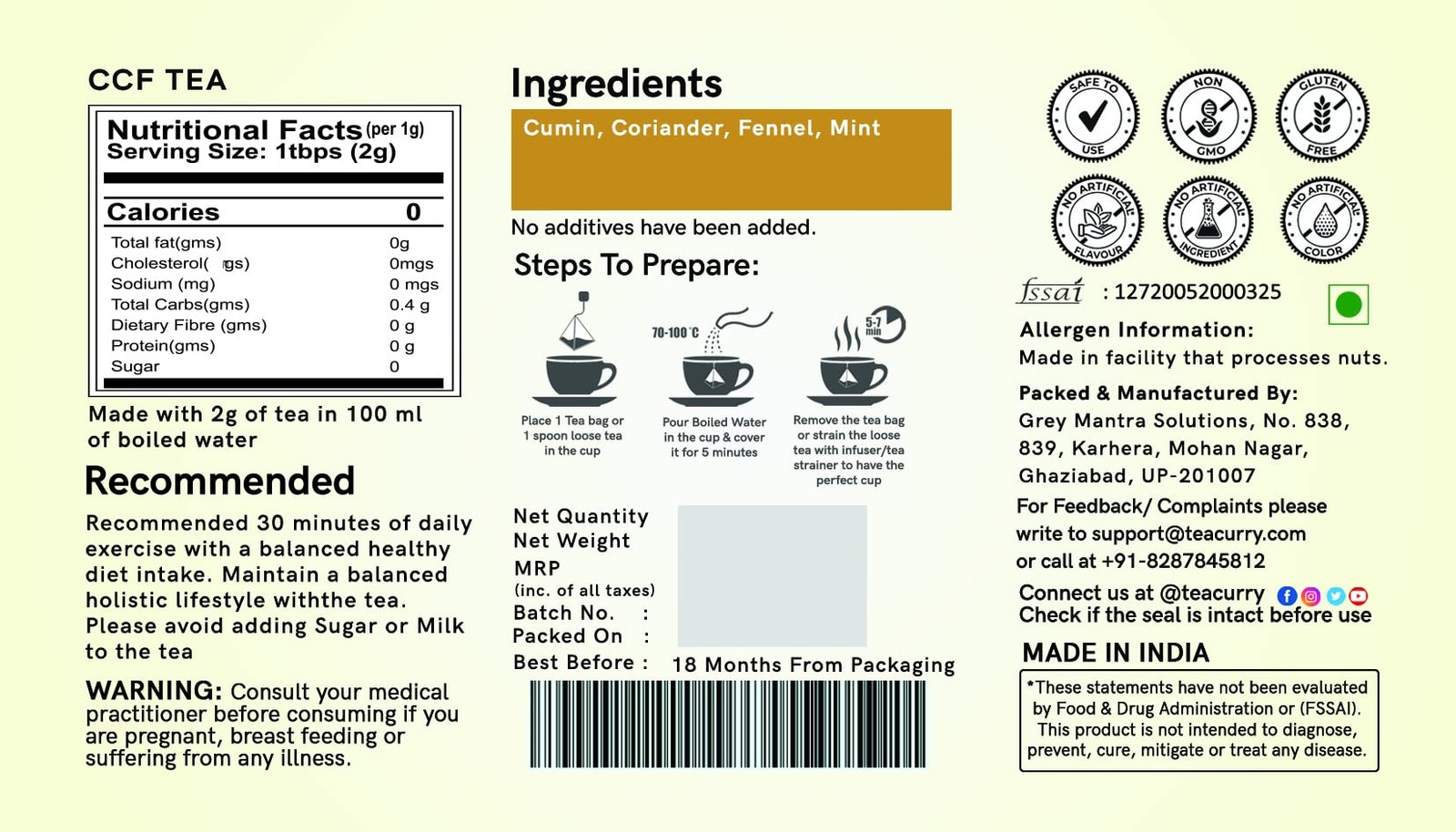 TEACURRY CCF Tea 30 Tea Bags, 1 Month Pack – Ayurvedic Cumin, Coriander, Fenn…