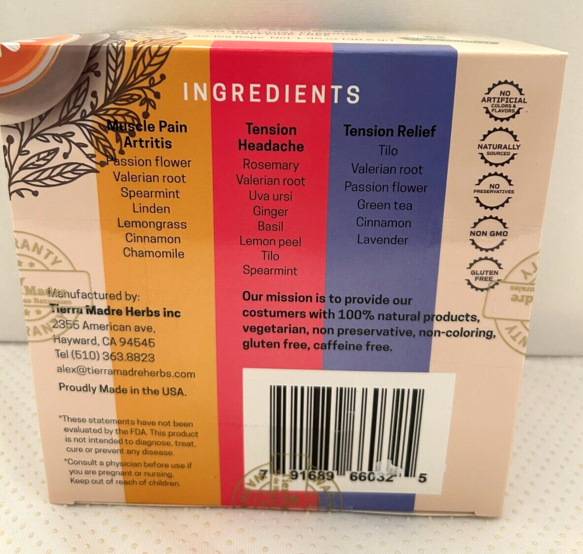 Tierra Madre Herbal Tea Tension, Headache & Muscle Arthritis Pain Relief 36 Bags