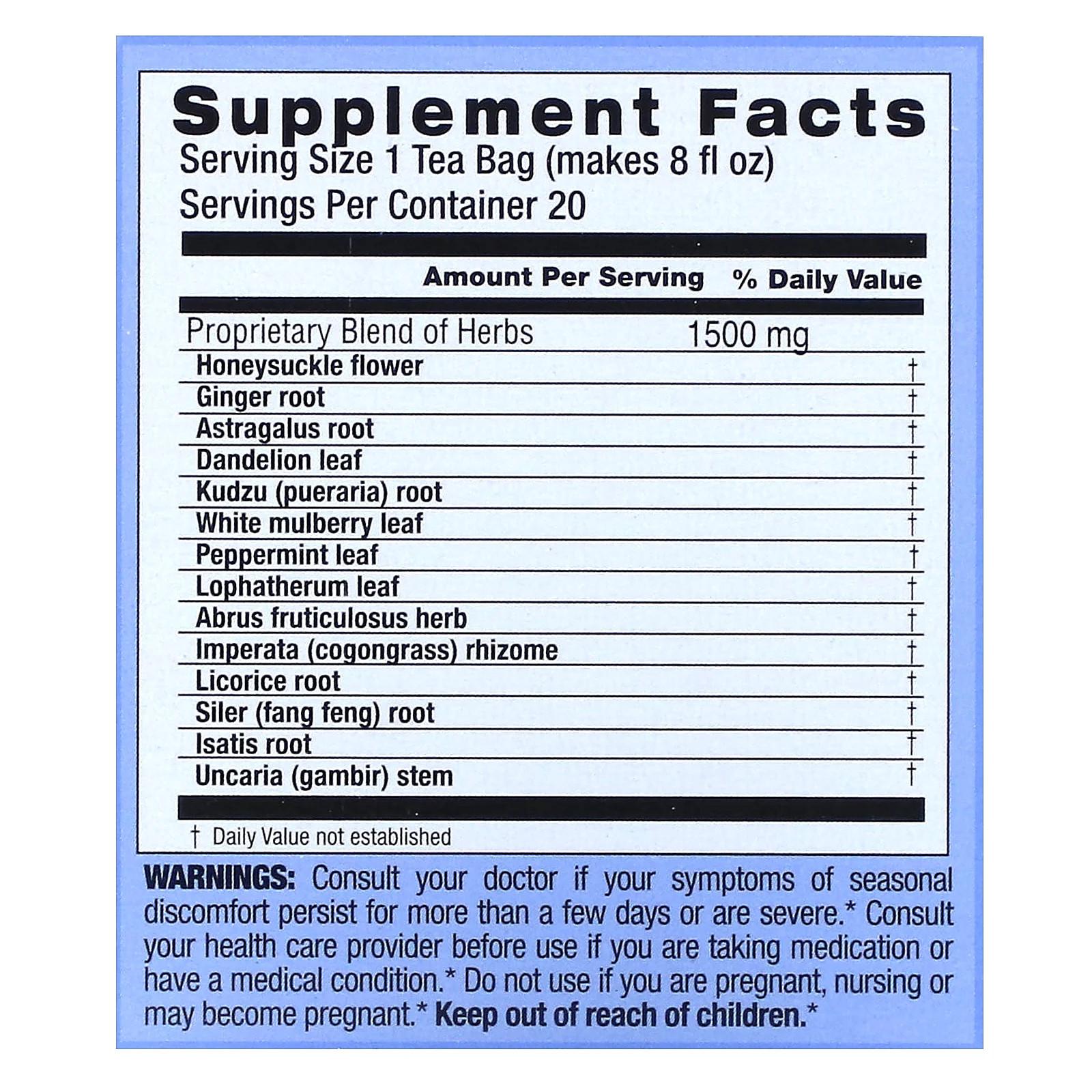Cold & Flu Time Herbal Tea, Caffeine Free, 20 Tea Bags, 1.06 oz (30 g)