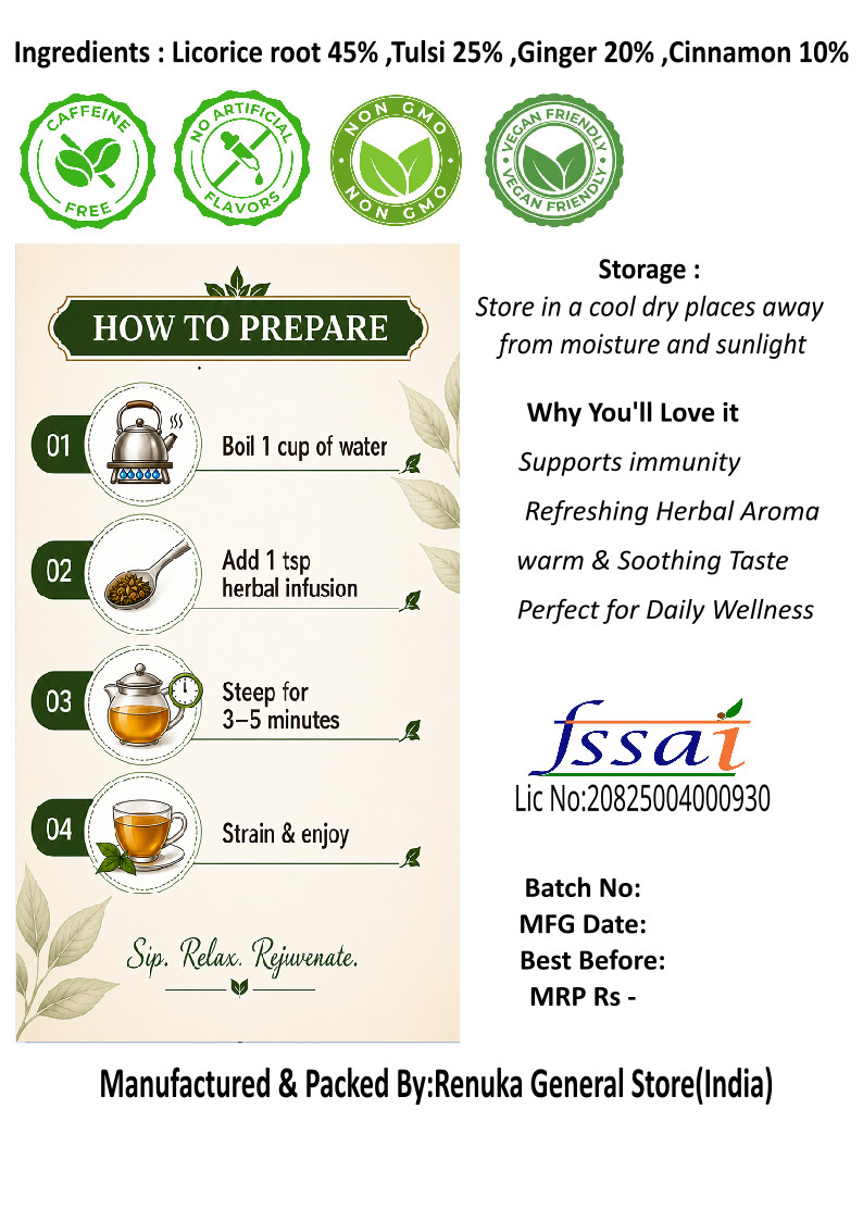 50 Tea Bag Licorice Herbal Tea with Tulsi, Ginger & Cinnamon | Caffeine Free Tea