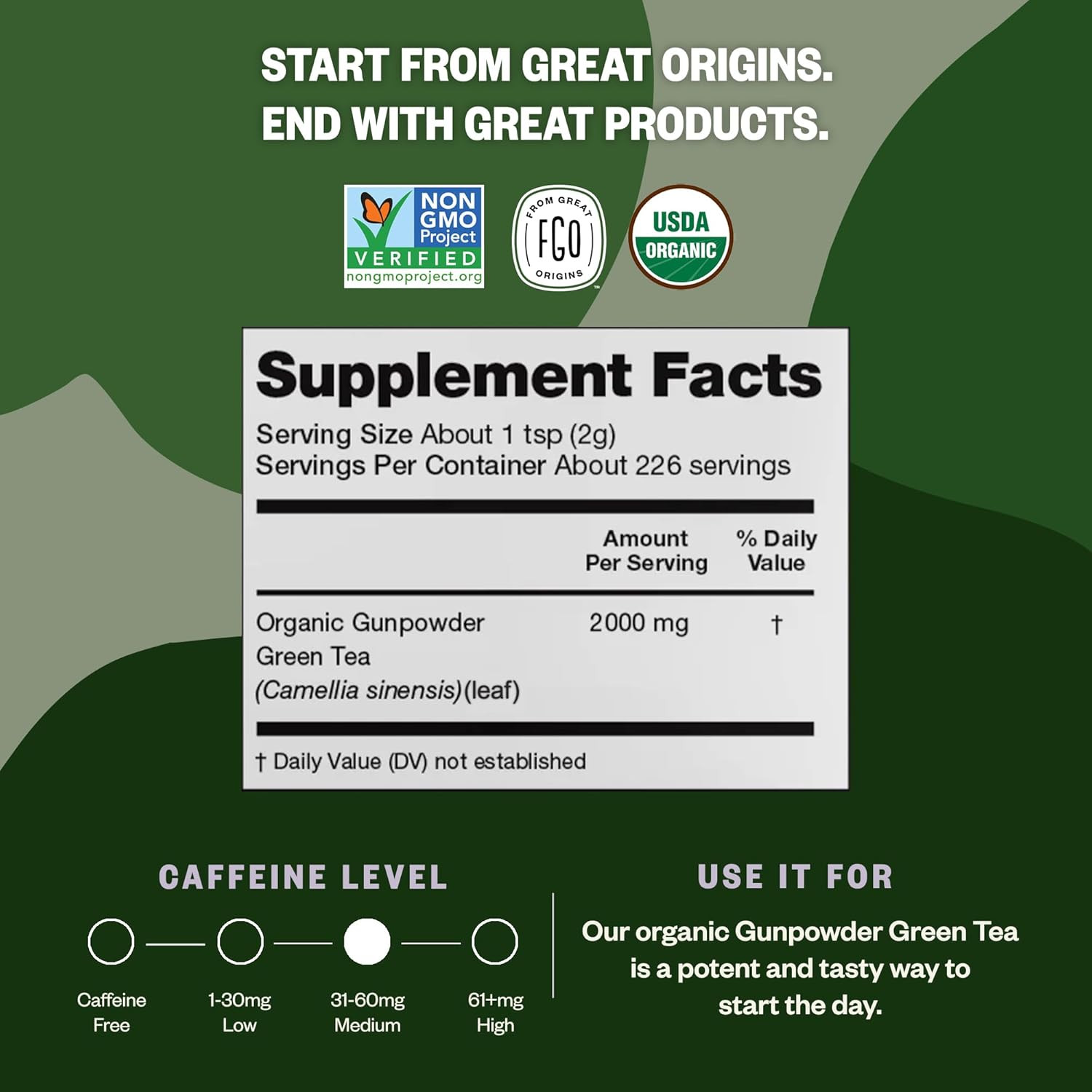 FGO Organic Gunpowder Green Loose Leaf Tea, Whole Leaf Bulk Resealable Bag, 16oz