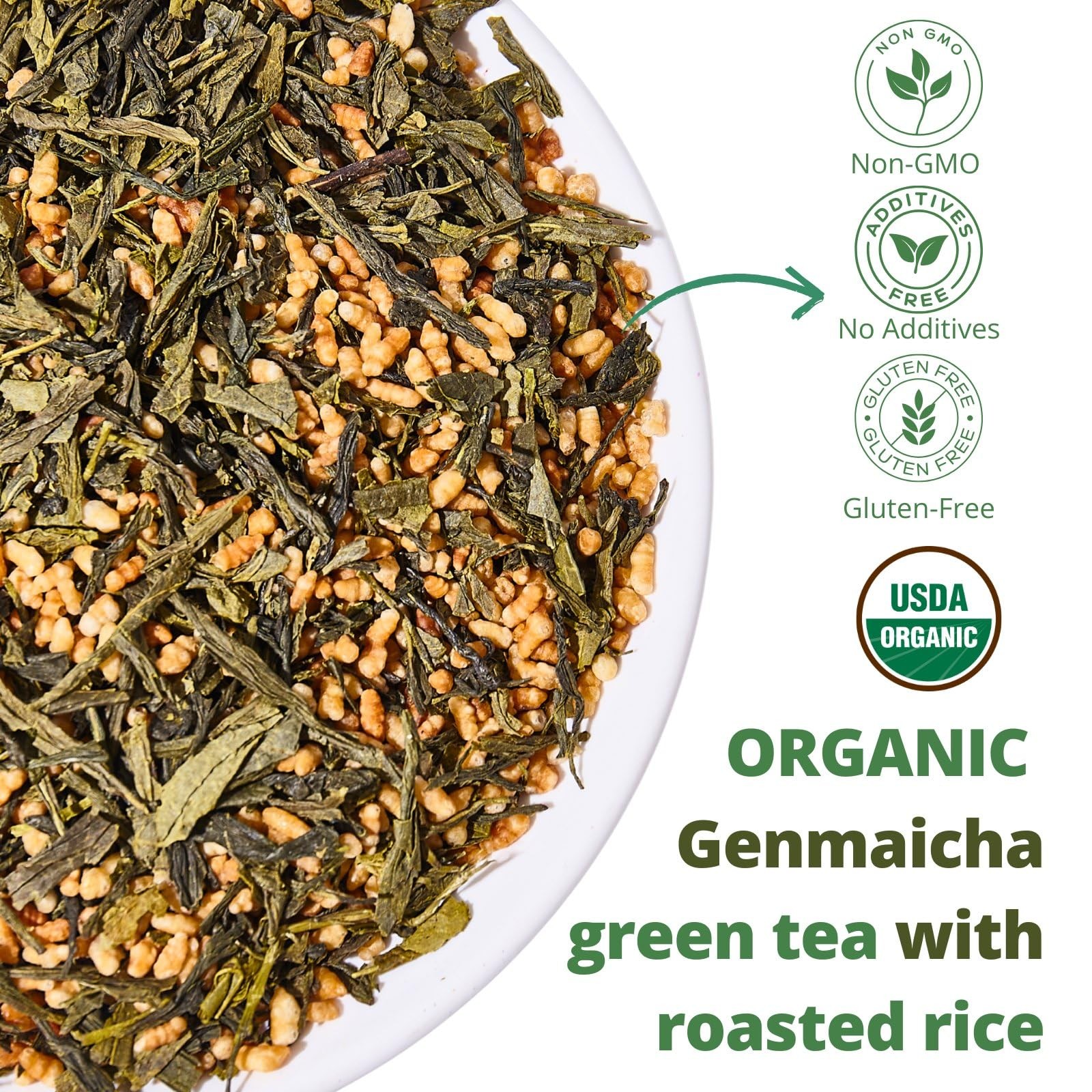 Organic Genmaicha Green Tea Loose Leaf – Roasted Rice, Smooth Flavor 8oz