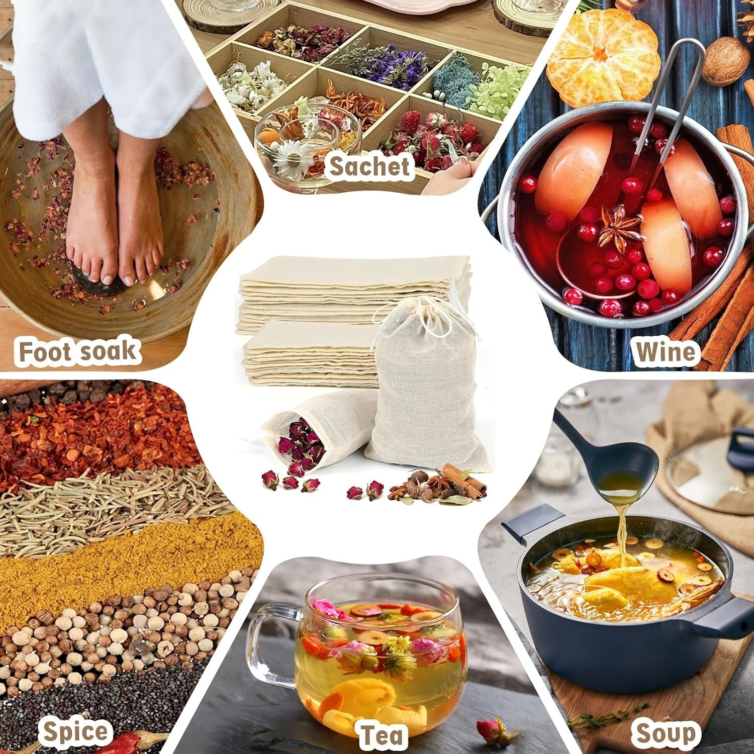 Reusable Cotton Tea Bags 30pcs Mesh Drawstring Filter Bags for Cooking Herbs