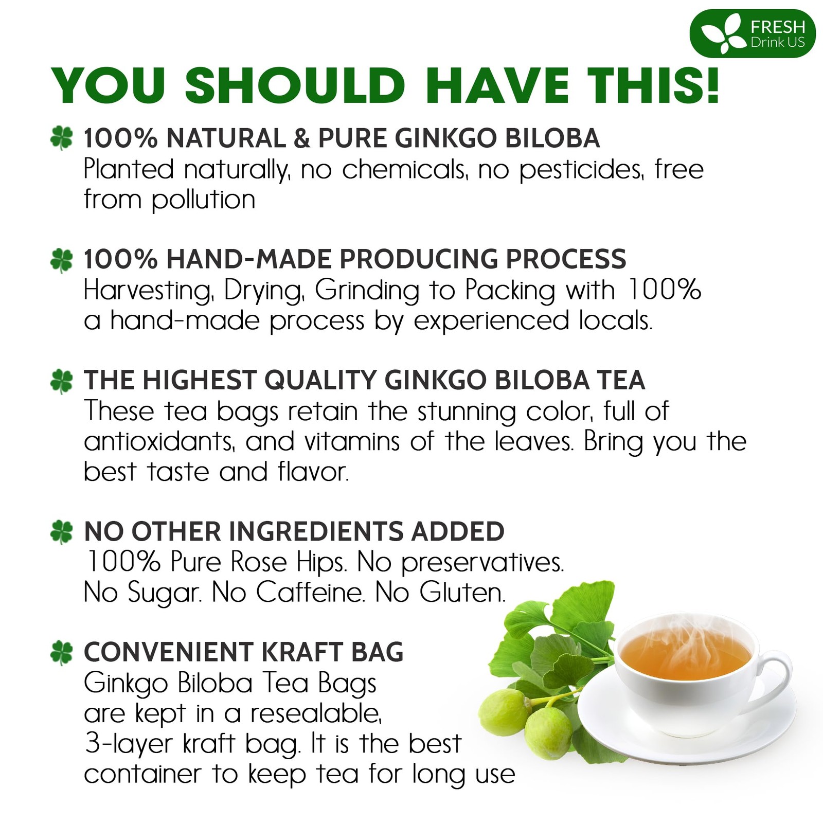 FreshDrinkUS, Premium 75 Ginkgo Biloba Leaf Tea Bags, 100% 75 Bags