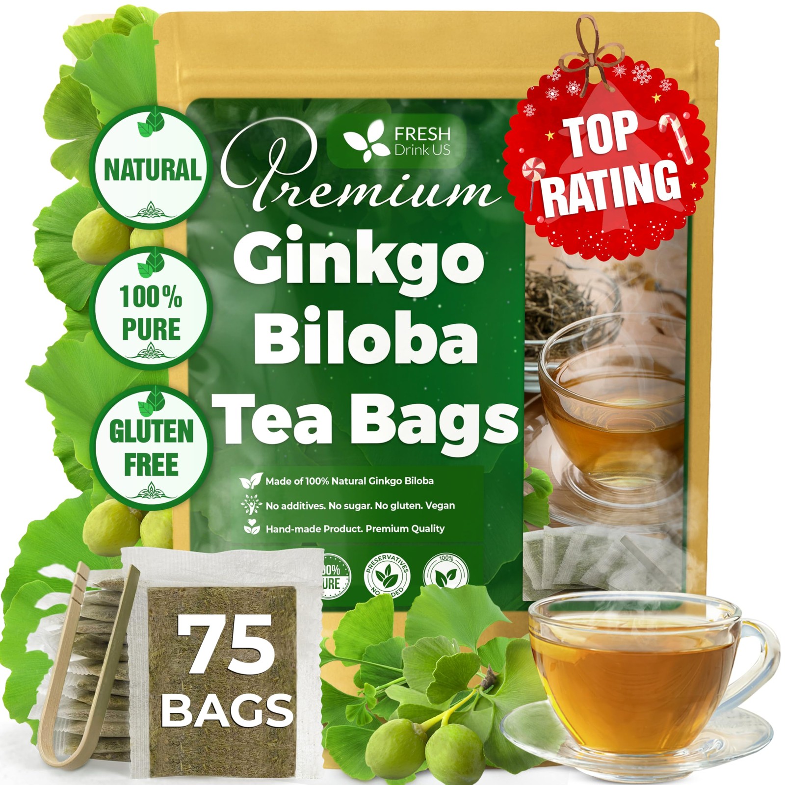 FreshDrinkUS, Premium 75 Ginkgo Biloba Leaf Tea Bags, 100% 75 Bags
