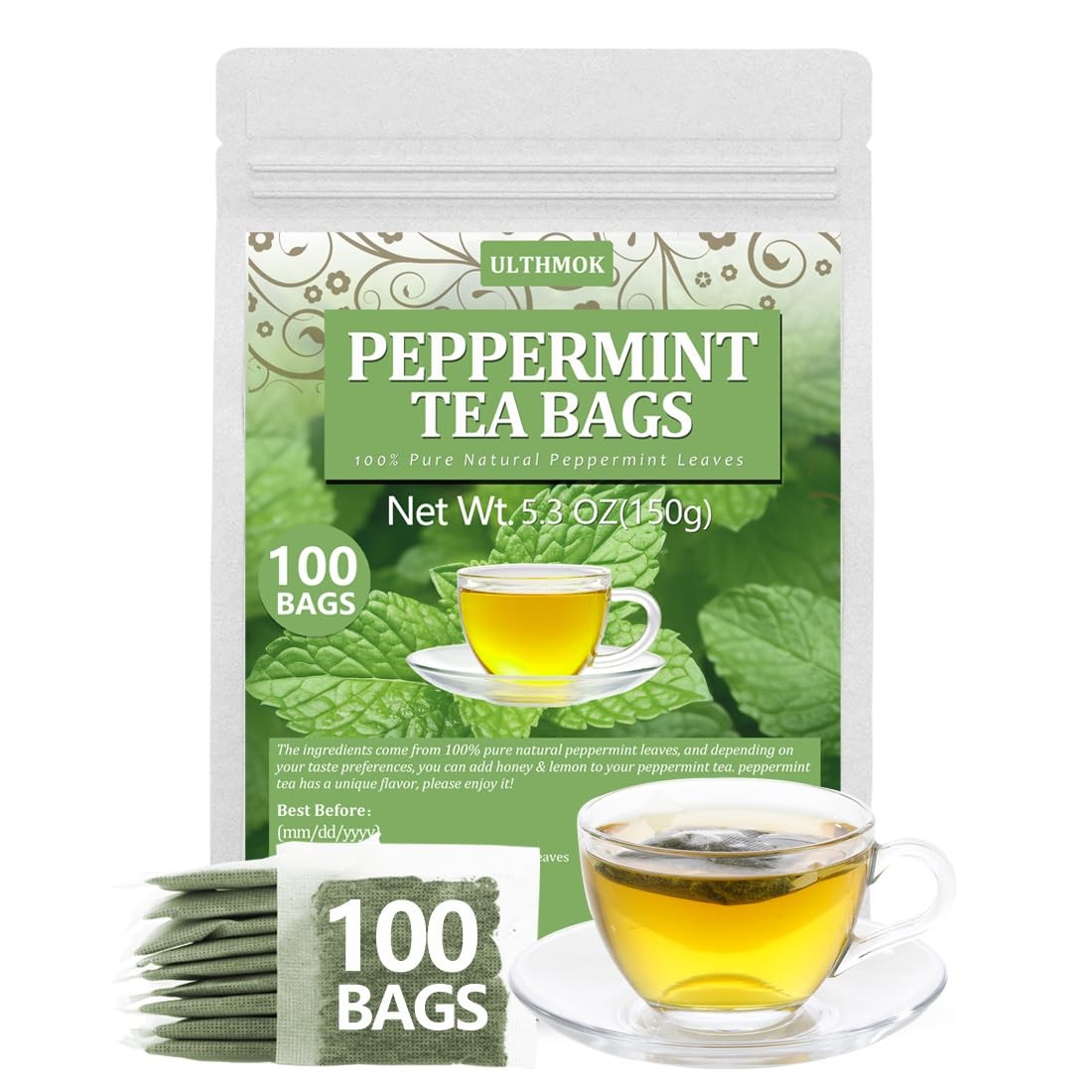 Peppermint Tea Bags, 100 Natural, Caffeine Free – 100 Bags