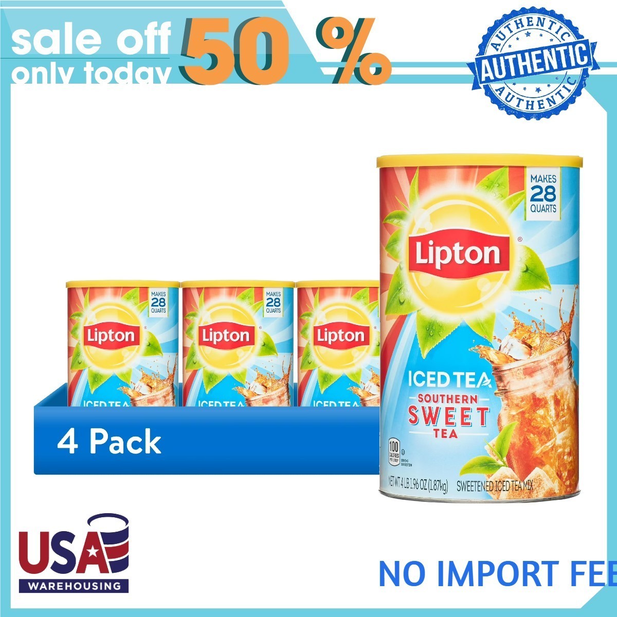 (4 pack) Lipton Southern Sweet Powdered Tea Mix, 28 Quarts