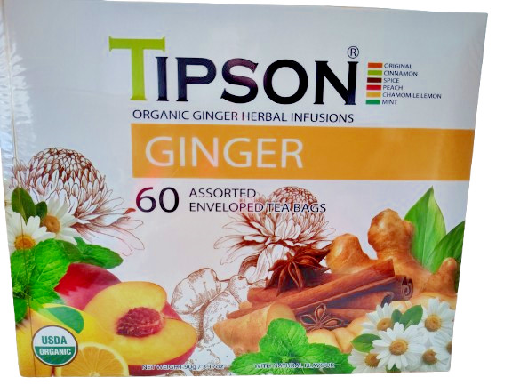 Tipson GINGER Organic Herbal Infusion Blends, BB 8/28, 60 Bags/Box, Lot of 2