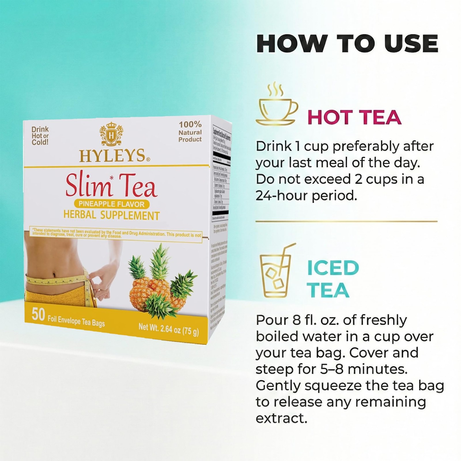 HYLEYS Slim Tea Weight Loss Herbal Supplement 50 Count (Pack of 1), Pineapple