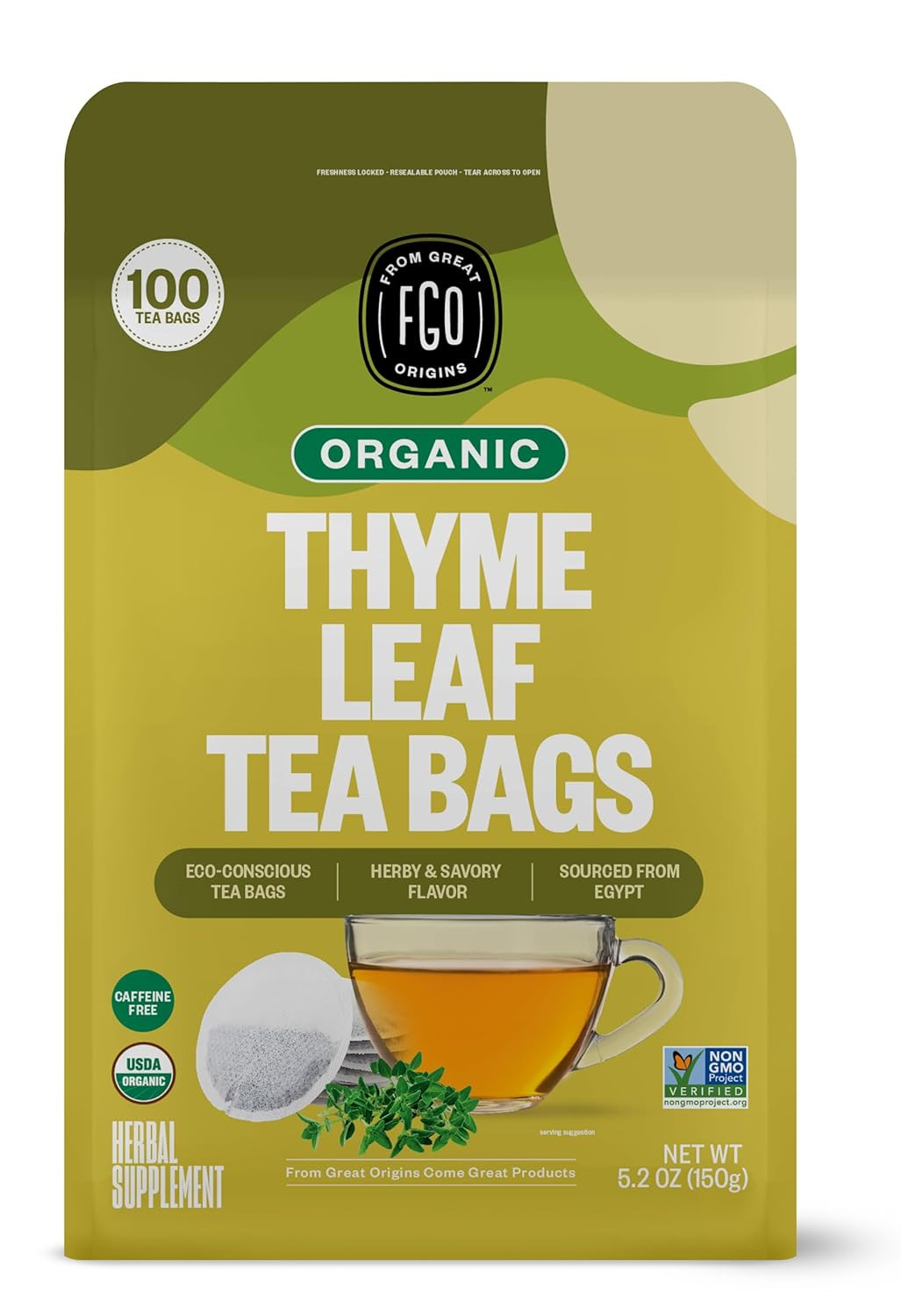 Organic Thyme Leaf Tea, 100 Count, Eco-Conscious Tea Bags, Caffeine Free, Reseal