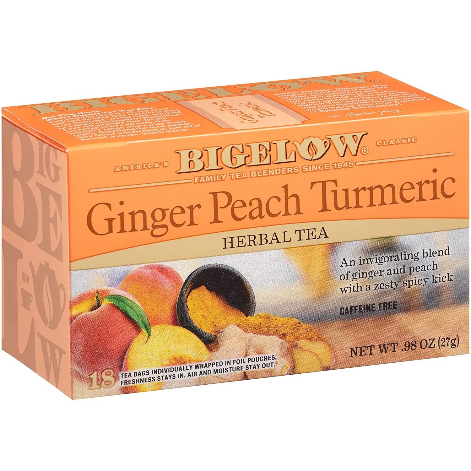 Bigelow Ginger Peach Turmeric Herbal Tea, Caffeine Free, 18 Count