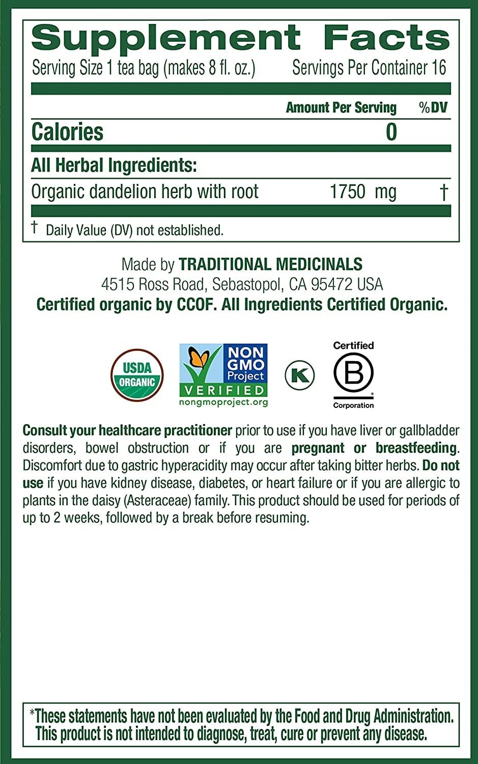Herbal Dandelion Leaf & Root Tea – 32 Bags, Allergen-Free for Digestive Wellness