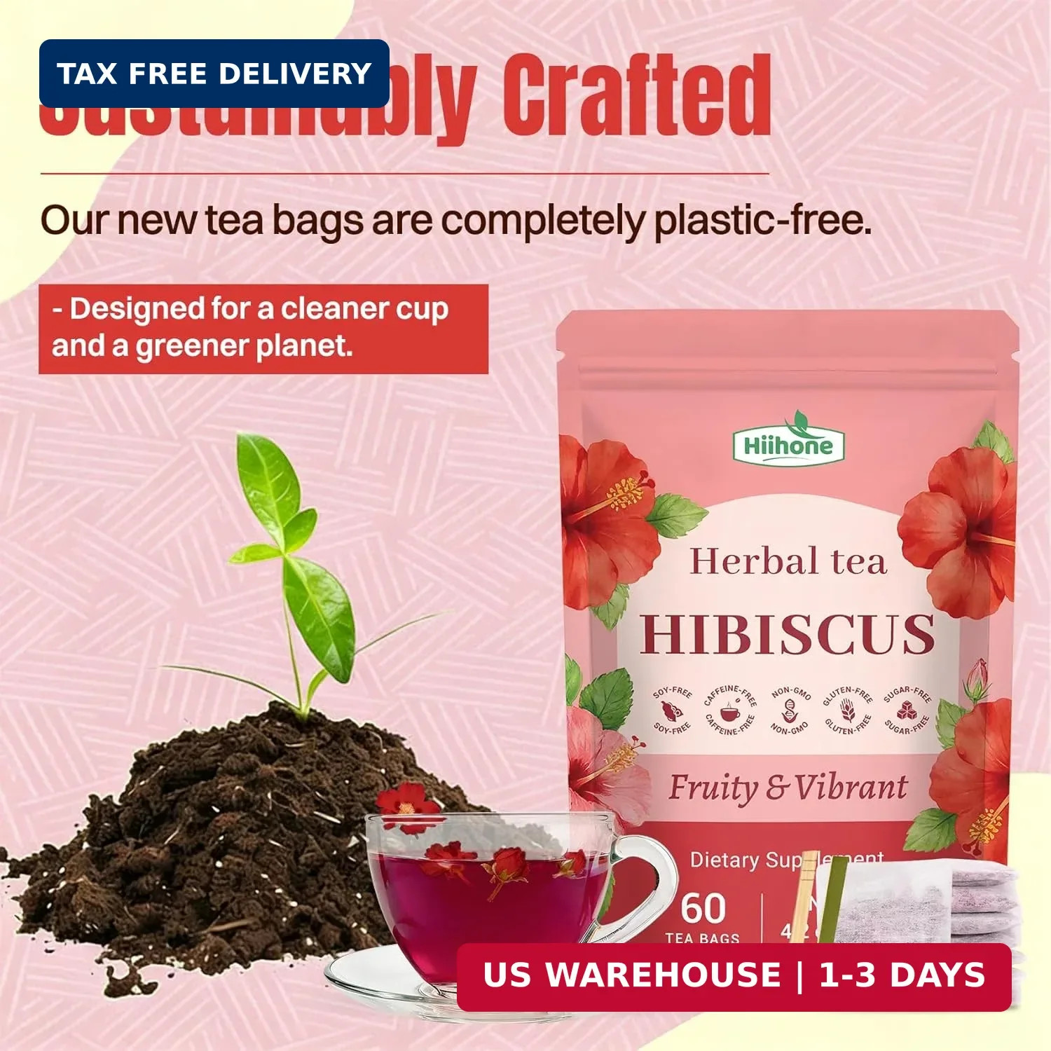 Hiihone Hibiscus Tea Bags 60 Count – Pure Hibiscus Flower Herbal Tea, Caffeine-F