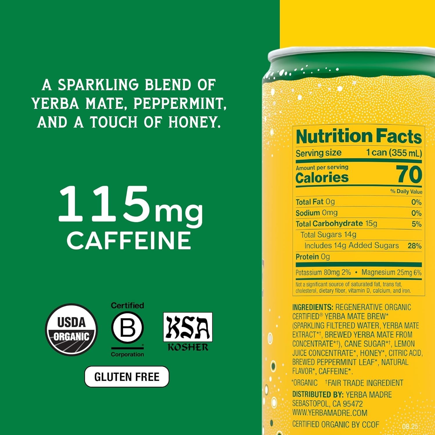 Yerba Madre Organic Sparkling Yerba Mate, Enlighten Mint, 12oz (Pack of 12)