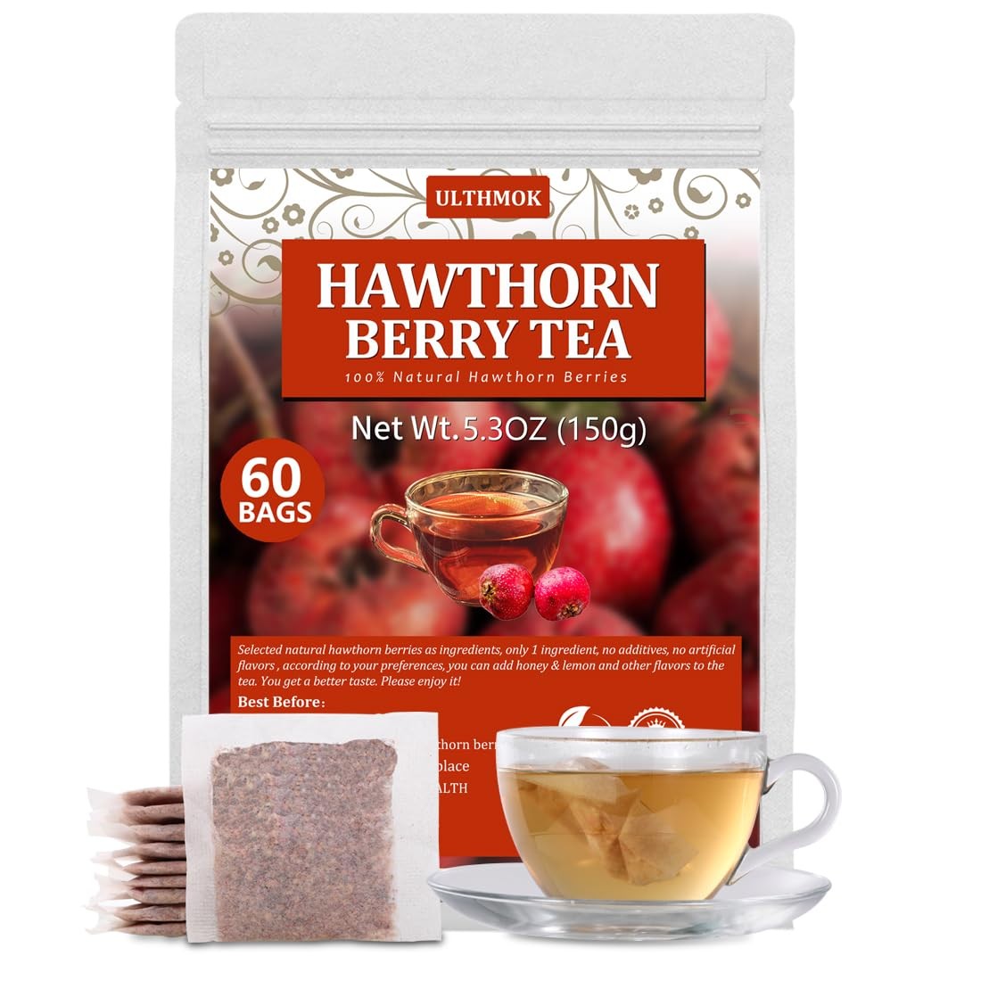 Premium 60 Hawthorn Berry Tea Bags, Made with 100% 60 Count (Pack of 1)