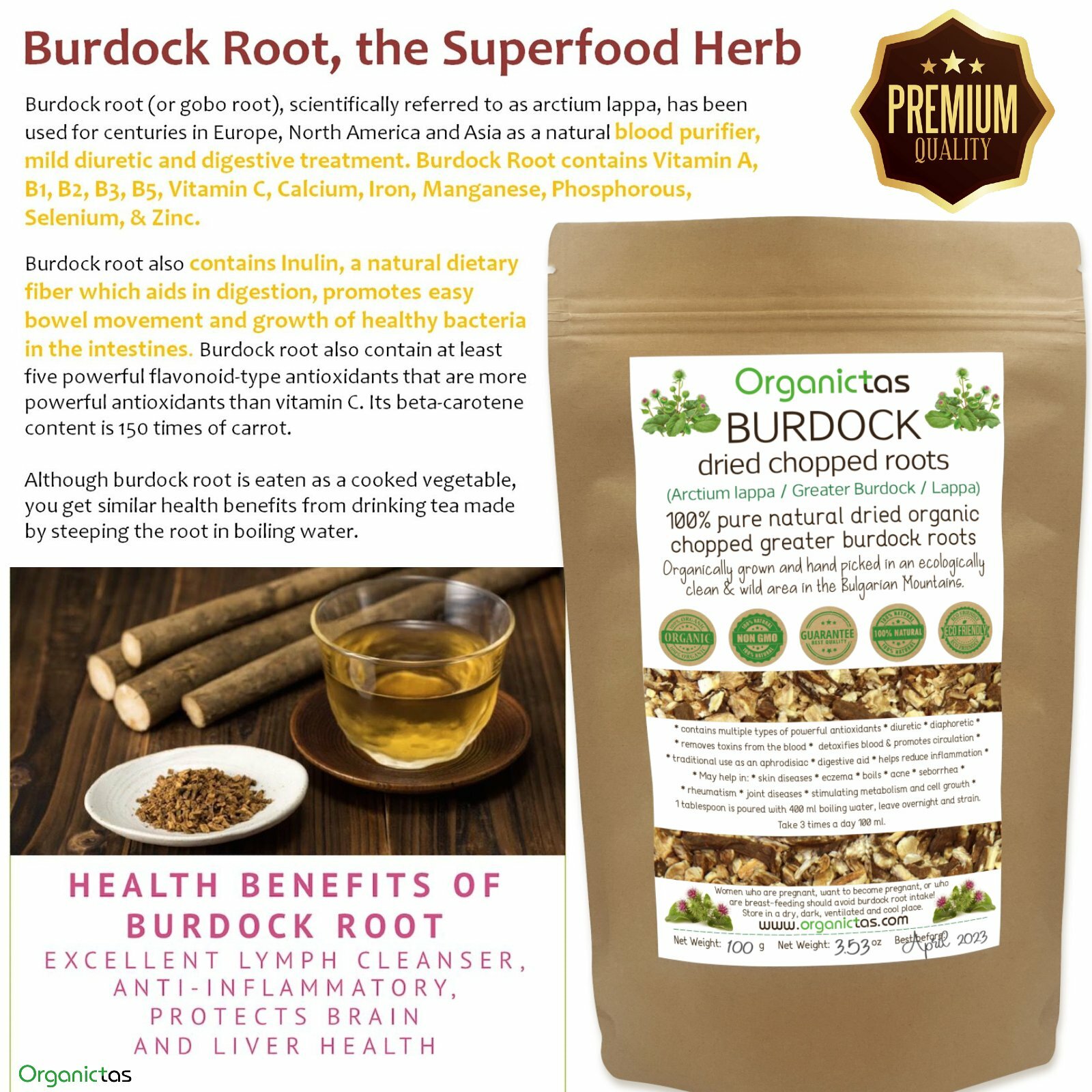 Burdock Root Tea Organic Dried Cut Loose for Detox Tea Infusion Health Benefits