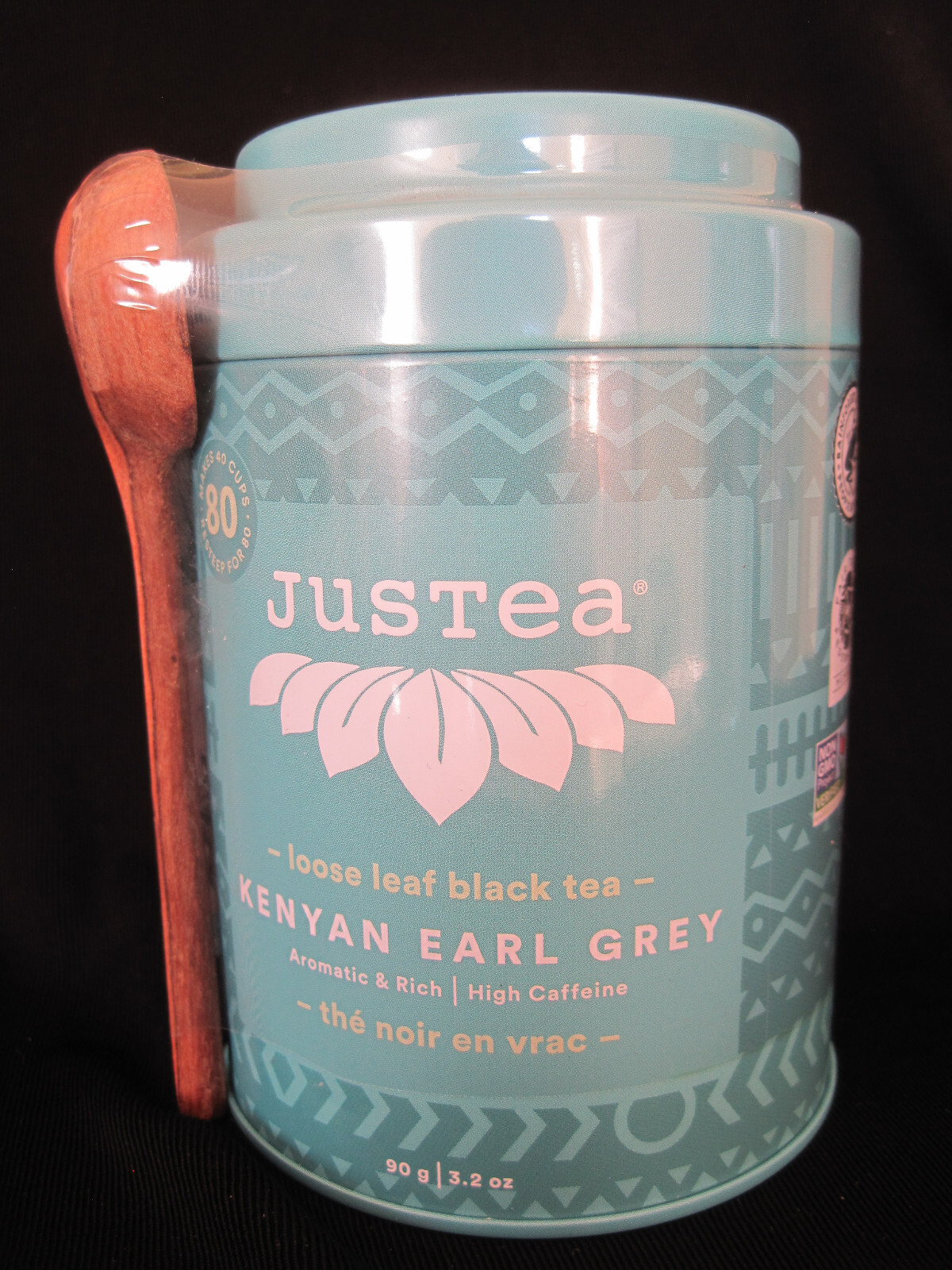 Sealed JUSTEA Kenyan Earl Grey Loose Leaf Black Tea 3.2 Oz 90g Wood Spoon